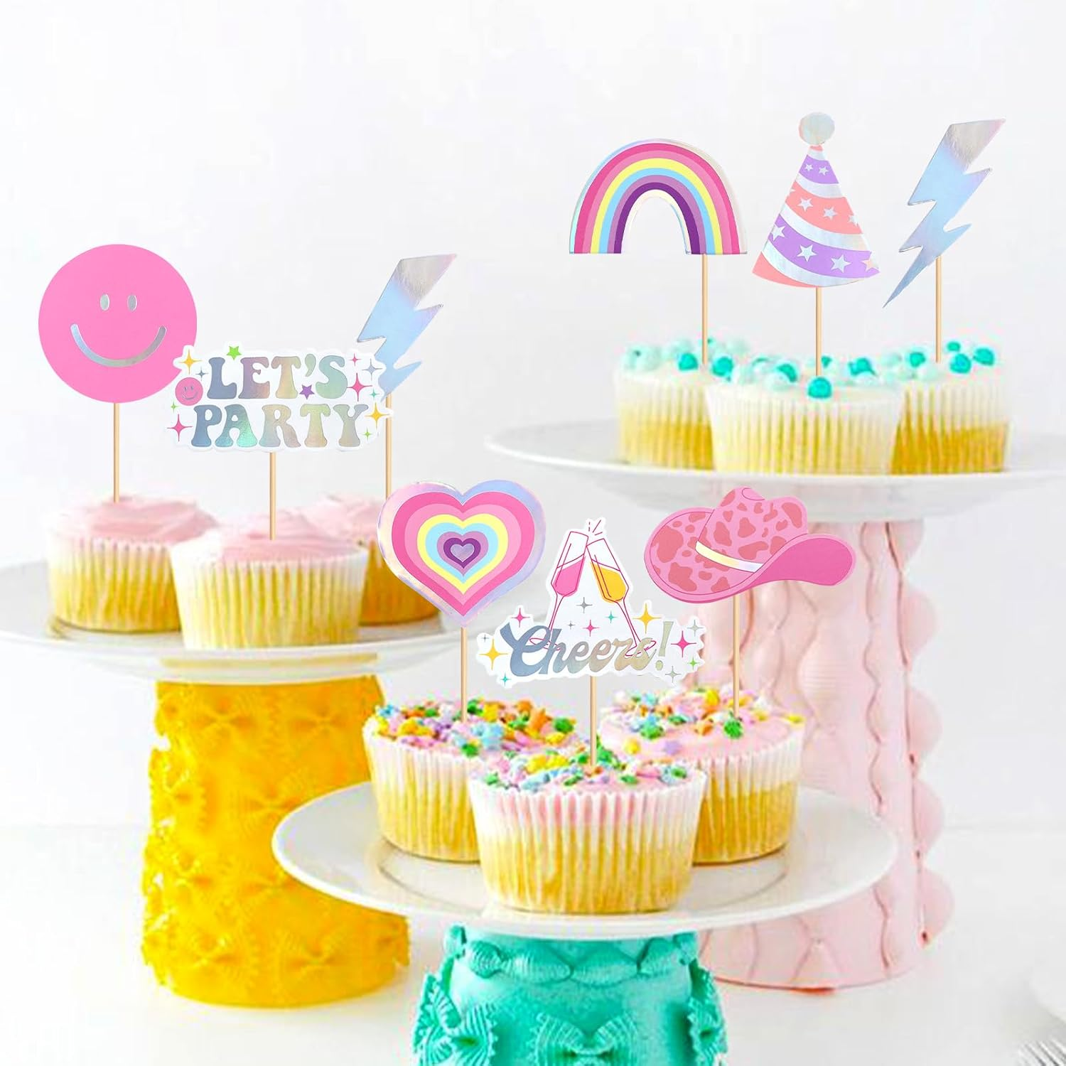 32PCS Let'S Party Cupcake Toppers Cowboy Rainbow Smile Face Heart Cupcake Picks Let'S Go Dance Cake Decorations for Disco Theme Wedding Women Birthday Party Supplies Pink - Pink image number 5