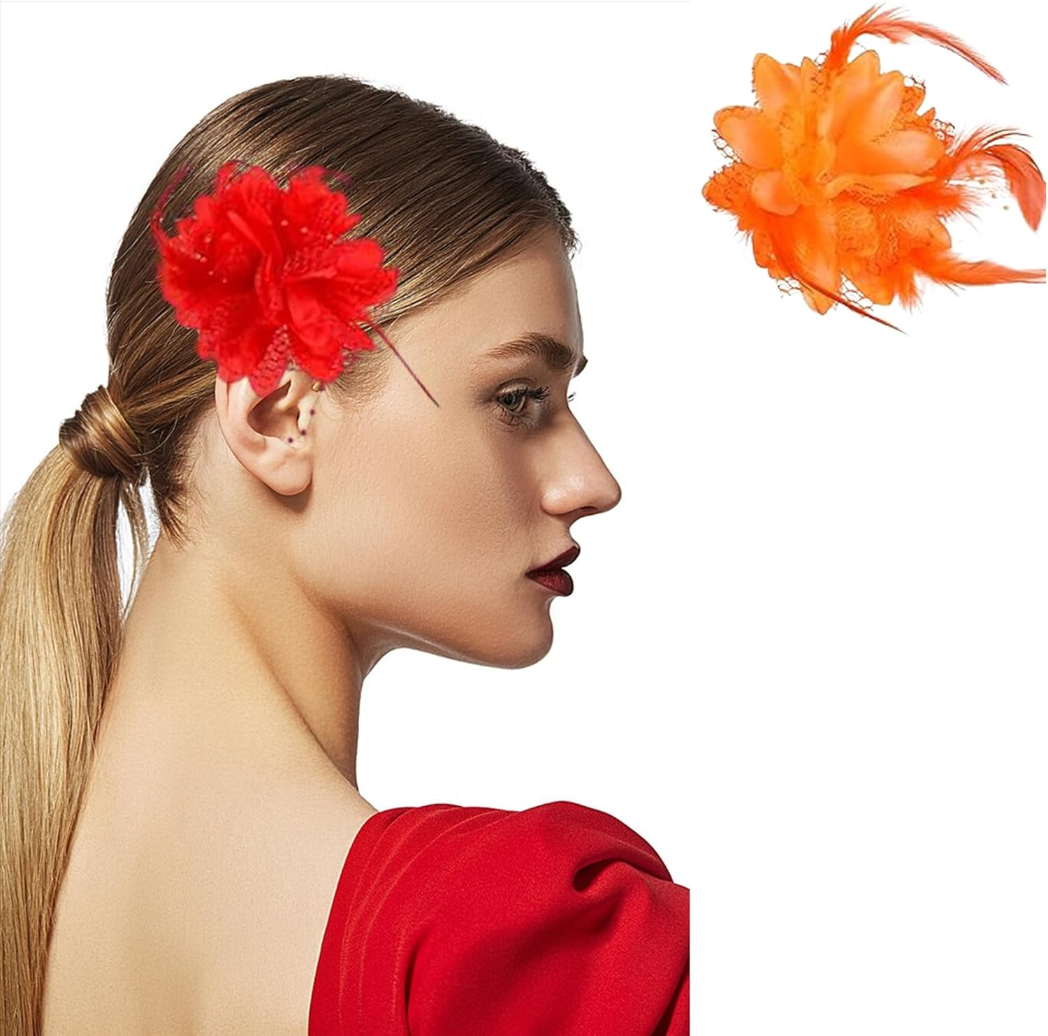 Pack of 2, Feather Flower Hair Clips, Orange Flowers 20S Hair Accessories, Women'S Feather Hair Clips, Cocktail Headwear, Women, for Carnival, Halloween, Cocktail, Wedding, Tea Party Accessories image number 1