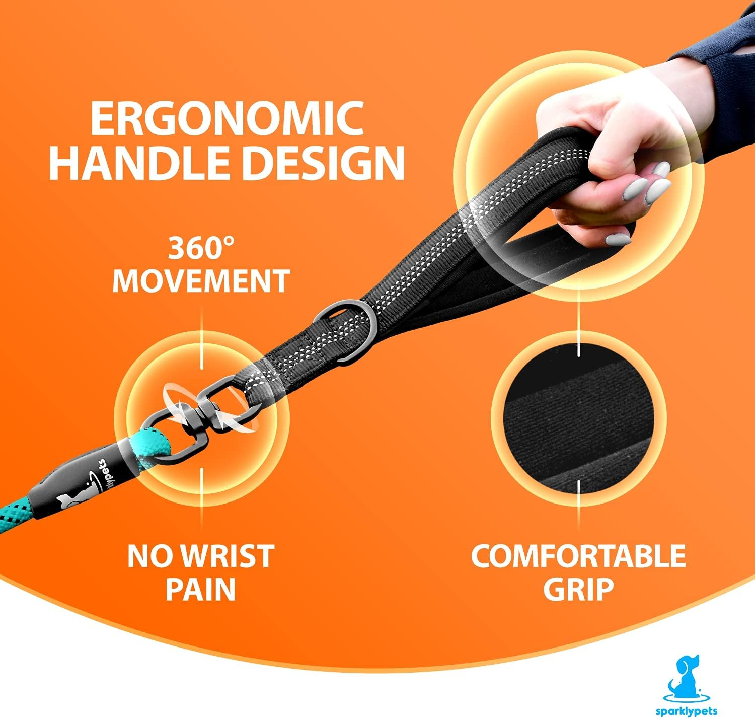 Sparklypets Double Dog Leash for 2 Dogs &ndash; Rope Bungee Dual Leash for Medium and Large Dogs with Padded Handles & Tangle Free (Teal, Medium/Large) image number 6