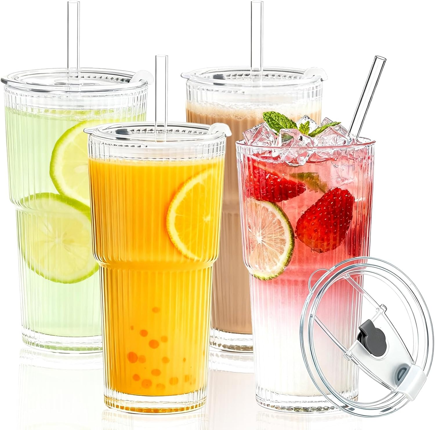 Anowker 20Oz Iced Coffee Glass Cup, Ribbed Glass Tumblers with Lids and Straws, Latte and Smoothie Glasses (4) image number 5