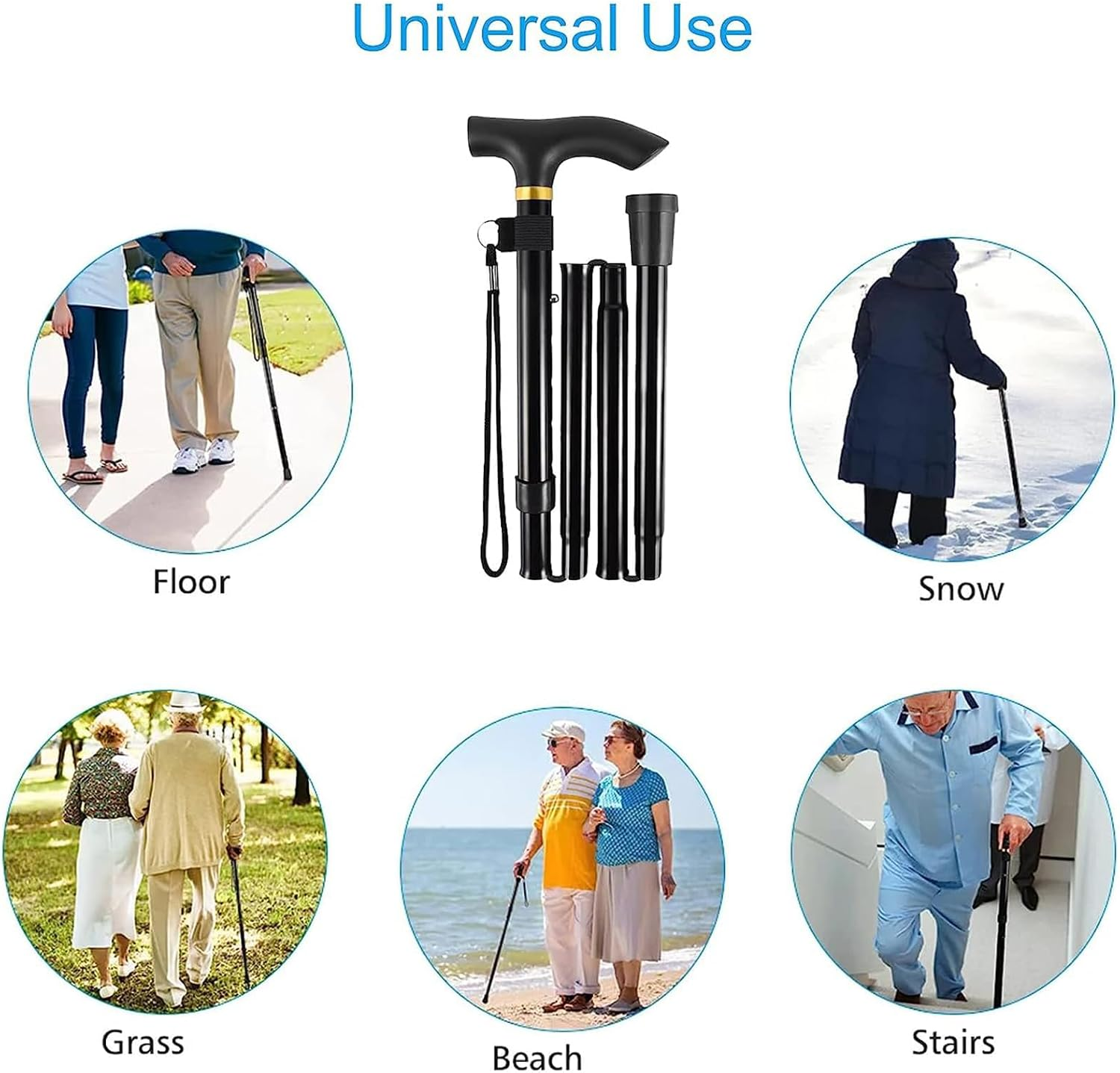Folding Cane - Adjustable Height Lightweight Walking Stick for Seniors - Portable Travel Cane with Wrist Strap and T Handle image number 5