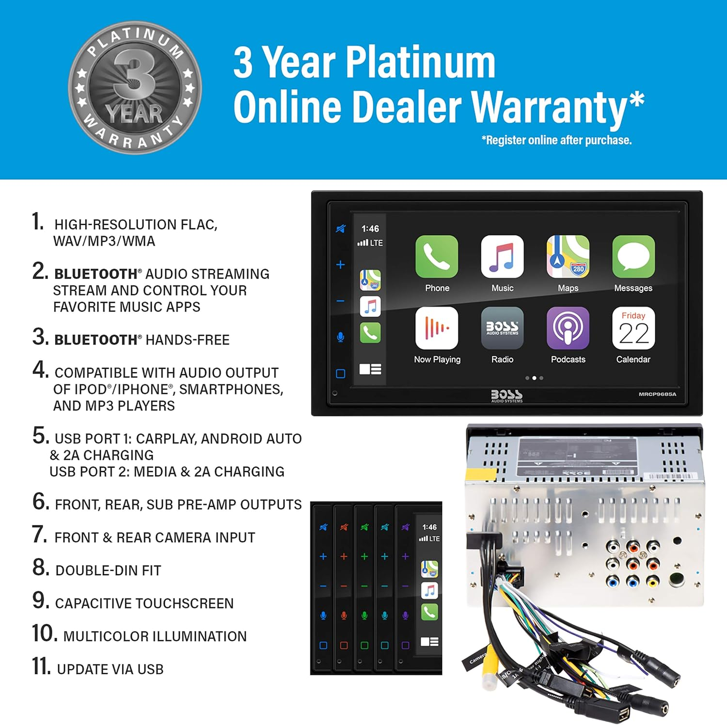 BOSS Audio Systems MRCP9685A Marine Boat Stereo &ndash; Apple Carplay, Android Auto, 6.75 Inch Double Din, Touchscreen, Bluetooth Head Unit, Radio Receiver, No CD DVD Player