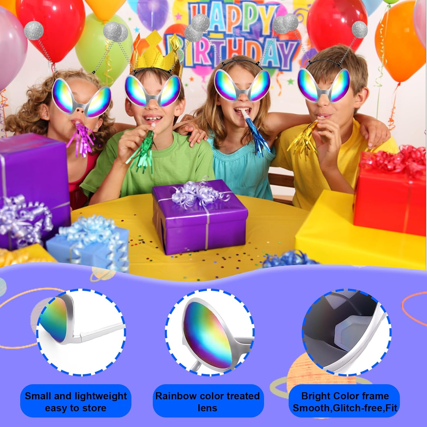 Pack of 2 Alien Glasses Costume Sunglasses, 2 Pieces Funny Martian Antenna Headband, Party Glasses, Decorative Alien Space Costume Cosplay Party Rave Accessories Halloween Carnival, Silver, image number 4