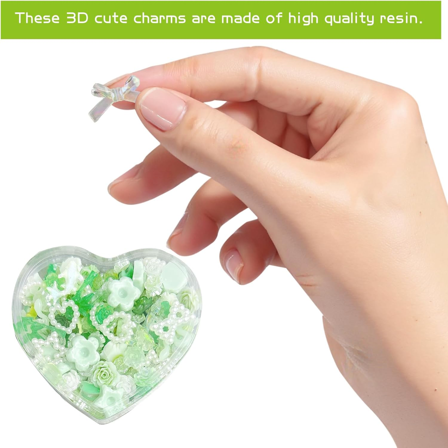 1 Pack Green Nail Charms,Resin Hearts Charms,Jade Nails Charm,Assorted Nail Decorate Include Pearl Love Star Camellia Bamboo,Spring Flower Bow Charm for Nails Decoration,Green Assorted 3D Nail Supplies image number 5