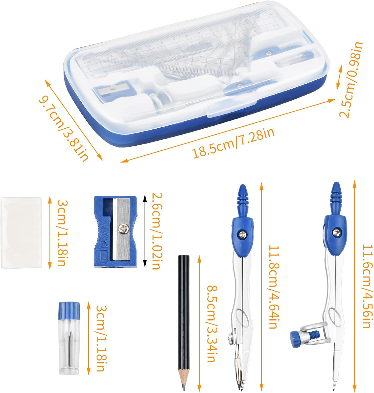 Pack of 10 Compass for Geometry Math Geometry Kit, Geometry Compass Set, Including Set Square, Lead Refills, Pencil, Eraser Sharpener for School Mathematics (Blue) image number 4