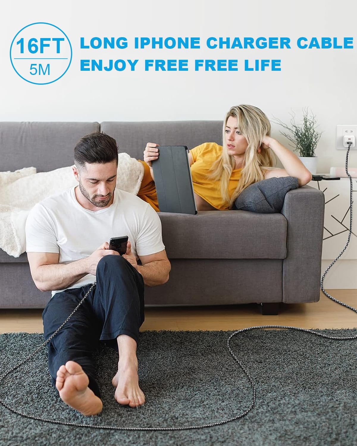 5M Extra Long Iphone Charger Cord, 60W USB-C and Lightning 2-In-1 Cable, Long Braided USB-C Fast Charging Cable for Iphone 17/16/15/14 Pro/Pro Max, Macbook, Ipad (Black, 5M) image number 3