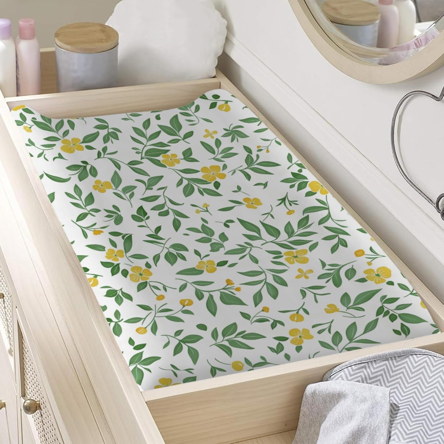 Floral Leaves Baby Changing Pad Covers,Unisex Fitted Changing Pad Cover for Baby Girls Boys,Comfortable Breathable Changing Table Covers,Polyester Easy Care Baby Changing Table Sheets for Girls image number 5