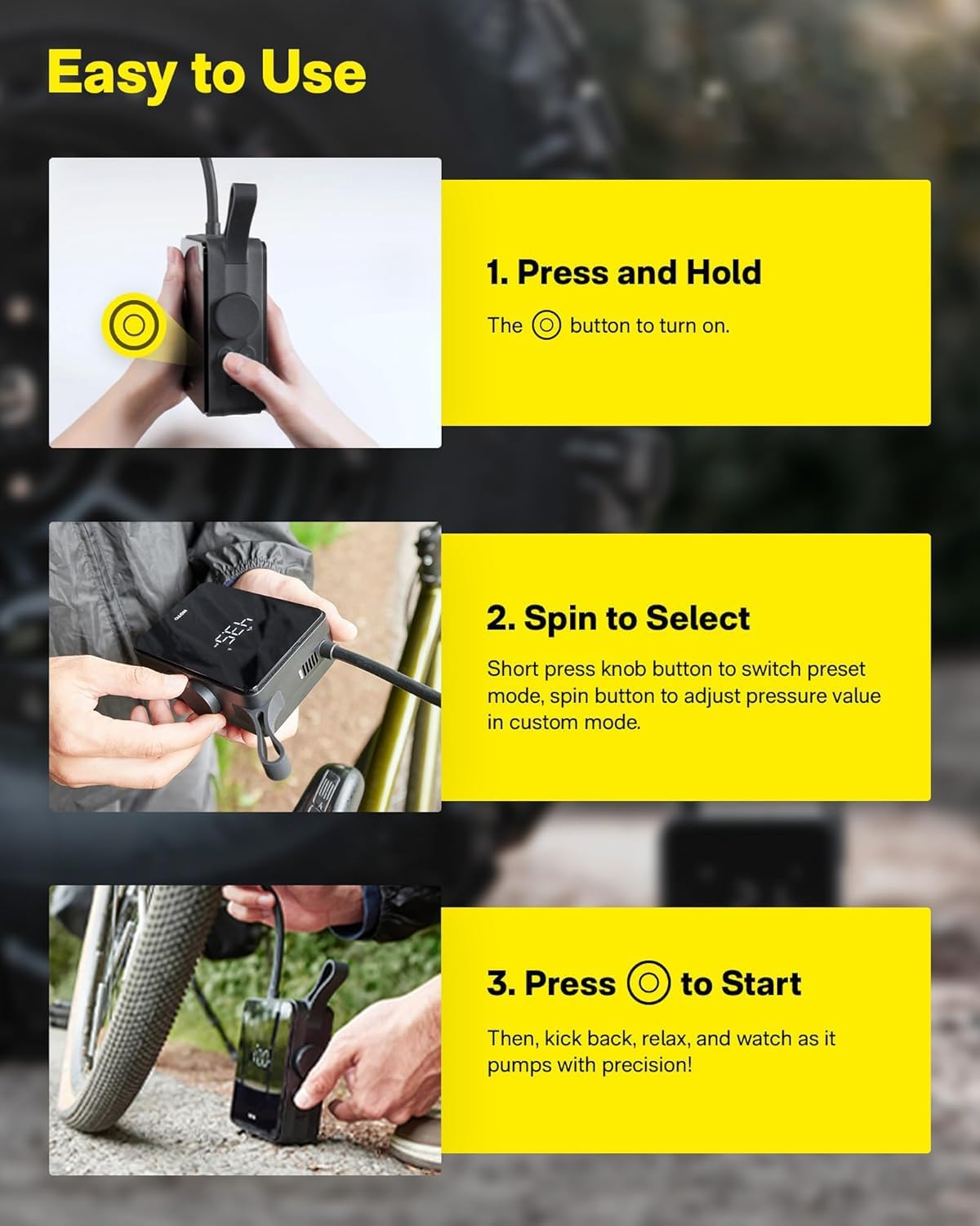 HOTO Tire Inflator Portable Air Compressor, 150 PSI Tire Inflator, Digital Display，Emergency LED Light for Bicycle, E-Bike, Car, Ball, Motorbike image number 3