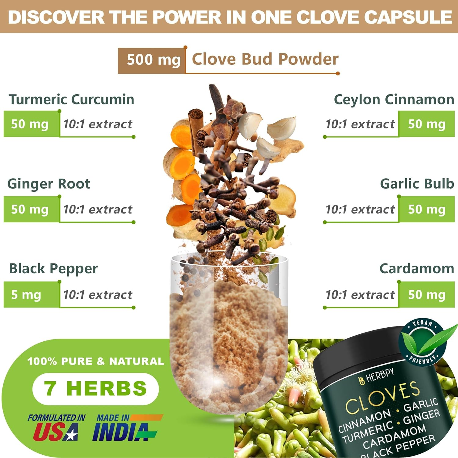 7In1 Clove Supplement Rich in Vitamins & Minerals Supports Digestion, Immune & Heart Health with Cinnamon, Turmeric, Ginger, Cardamom, Garlic & Black Pepper - 100 Vegan Capsules image number 2