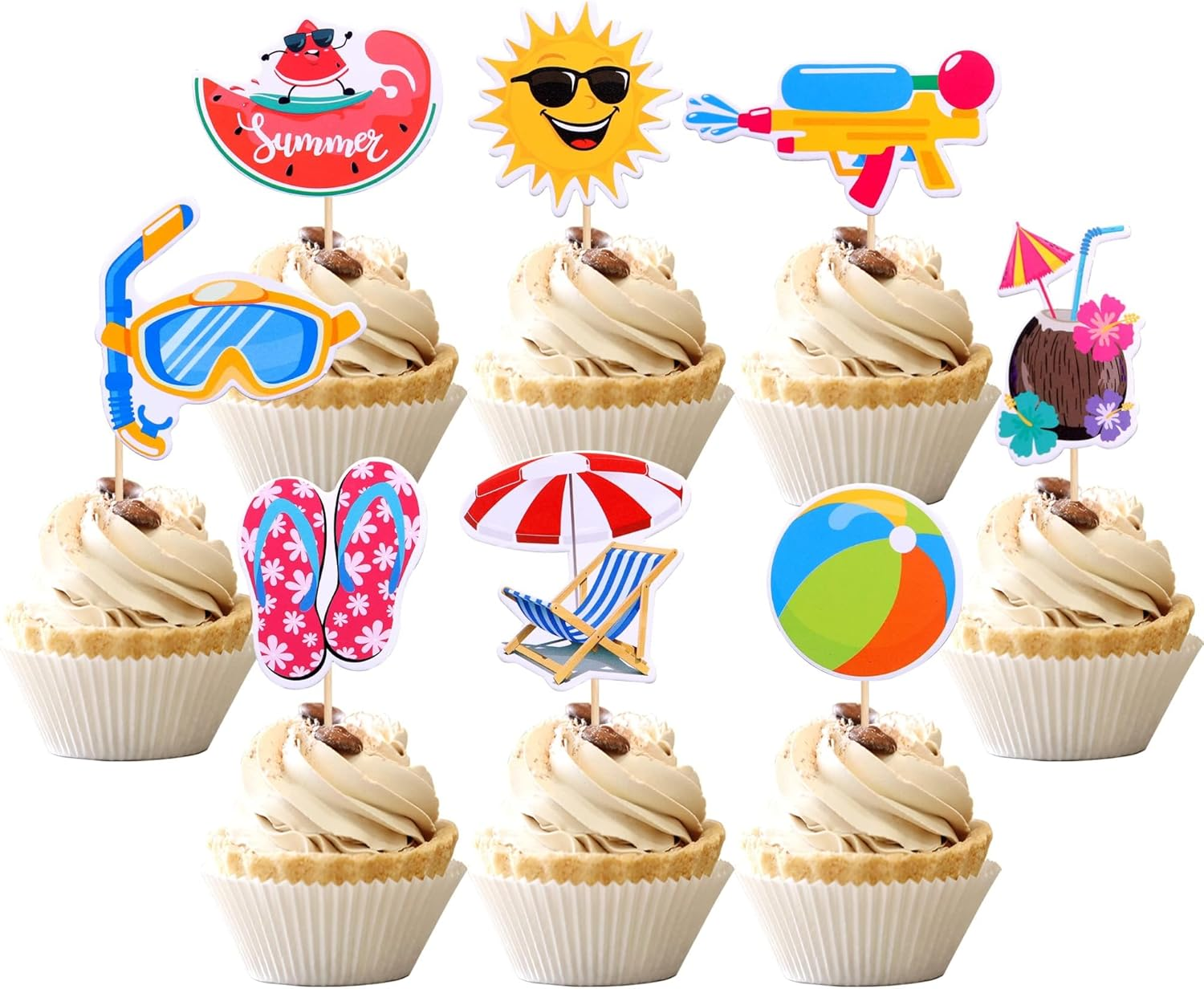 SYKYCTCY 32 Pack Summer Beach Pool Cupcake Toppers Ball Sun Umbrella Diving Goggles Watermelon Water Gun Slippers Cupcake Picks Baby Shower Hawaii Beach Pool Theme Birthday Party Cake Supplies image number 6
