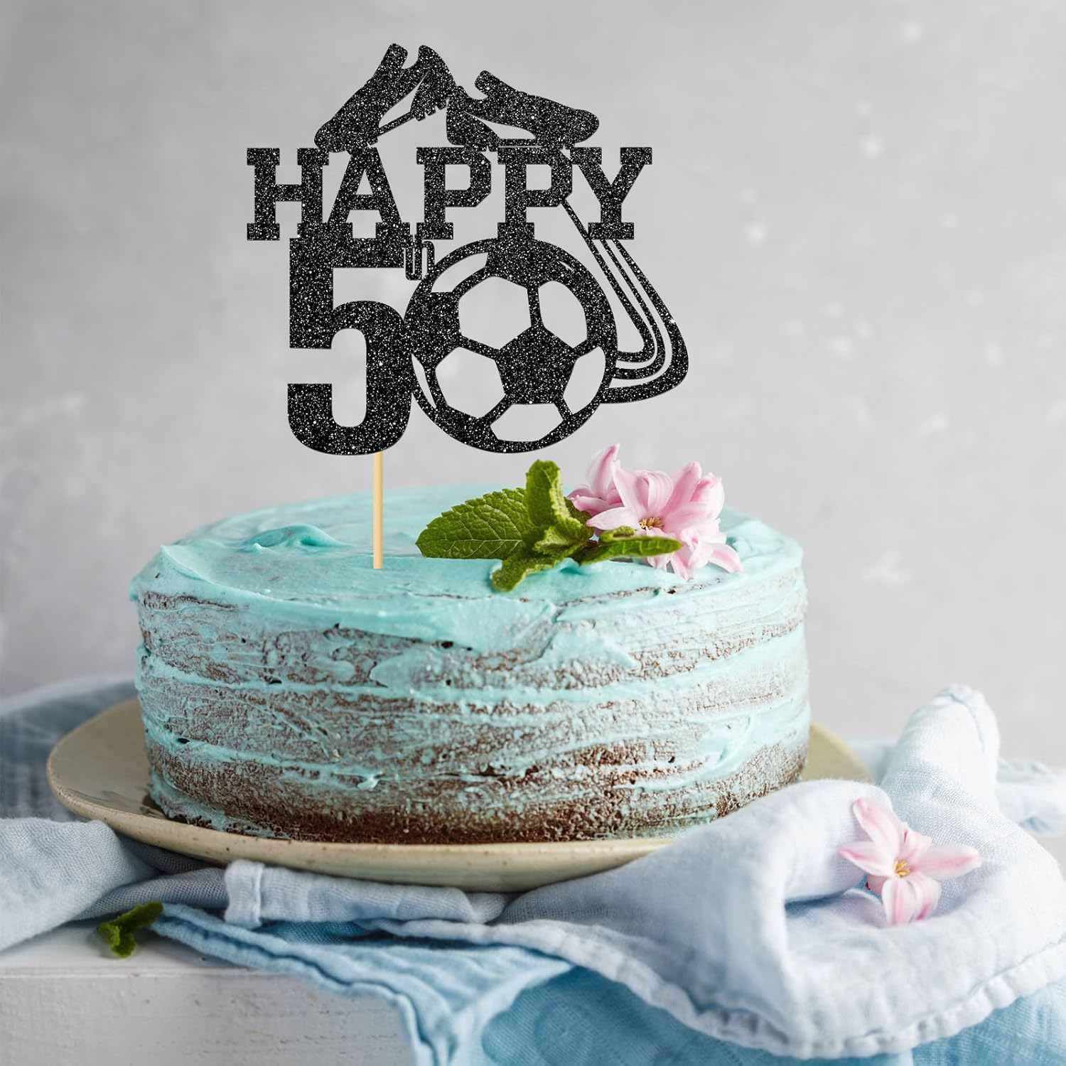 Monmon & Craft Soccer 5Th Birthday Cake Topper/Sport Theme Soccer Ball Cake Docer/Soccer Player Boy 5Th Birthday Party Decorations - Black Glitter image number 3