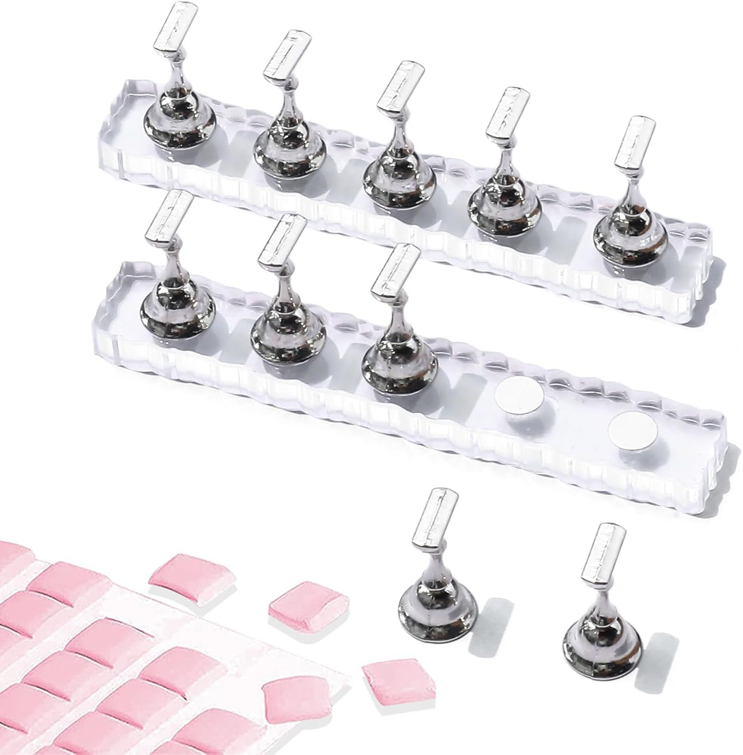 BQAN 2 Set Nail Holder for Painting Nails, Transparent Acrylic Nail Stand for Press on / Fake Nail Tips Training / Nails Display with 96 Pcs Reusable Adhesive Putty (Clear)