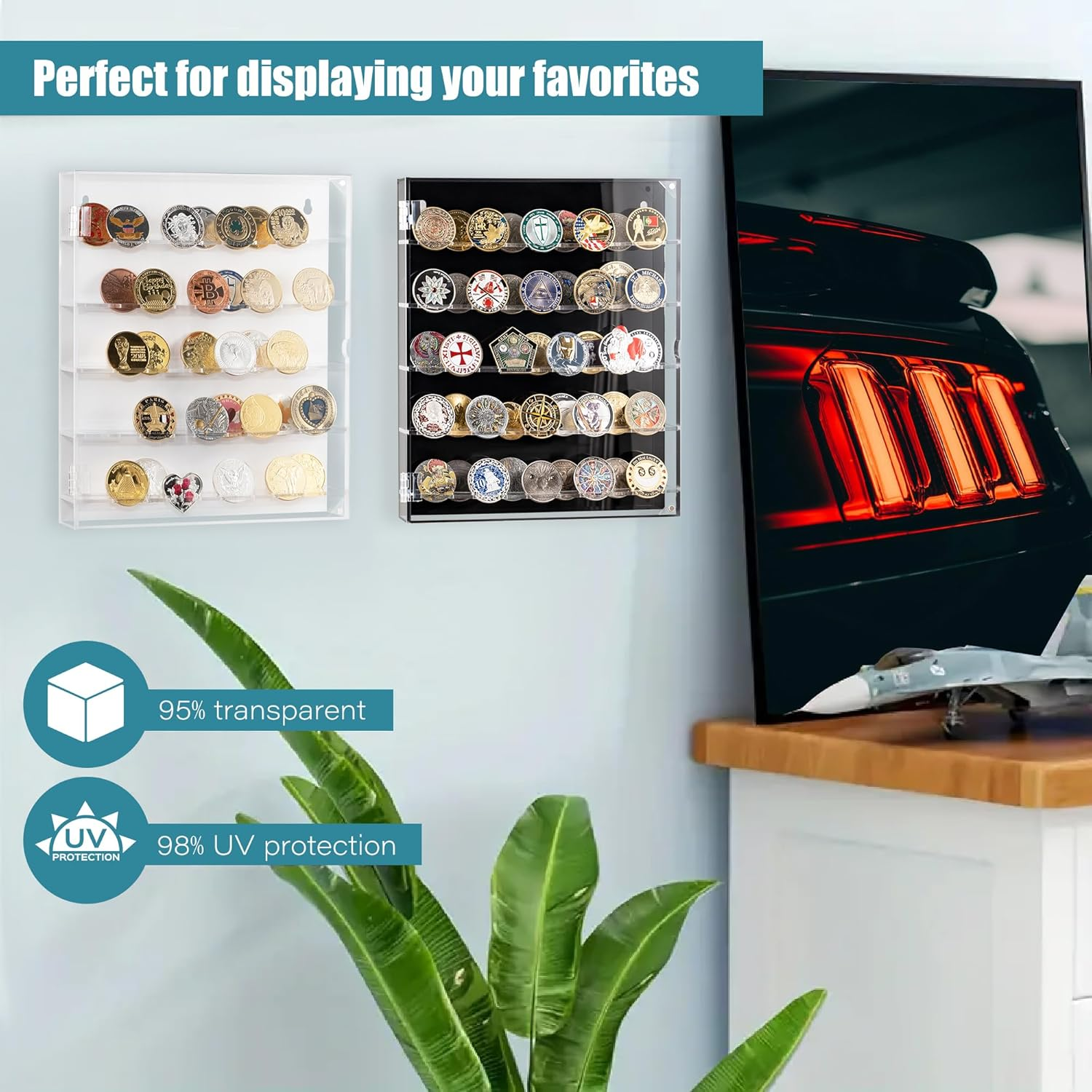 Coin Holder, Challenge Coin Display Box with Removable Shelves and Magnetic Door, Acrylic Challenge Coin Holder, Clear Coin Case Coin Box Fits 45 Military Medals Poker Chip Pins Badges (White) image number 4