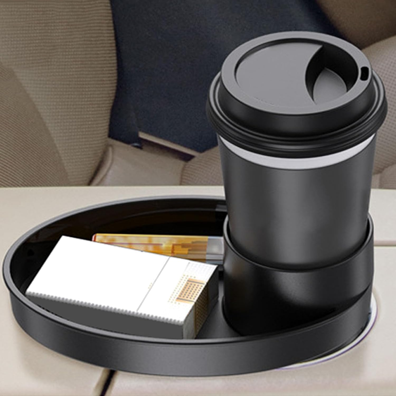 Car Snack Tray, Kids Carseat Cup Holder with Food Tray, Console Holder for Toddlers Activity Table, Roadtrip Essentials (Black)
