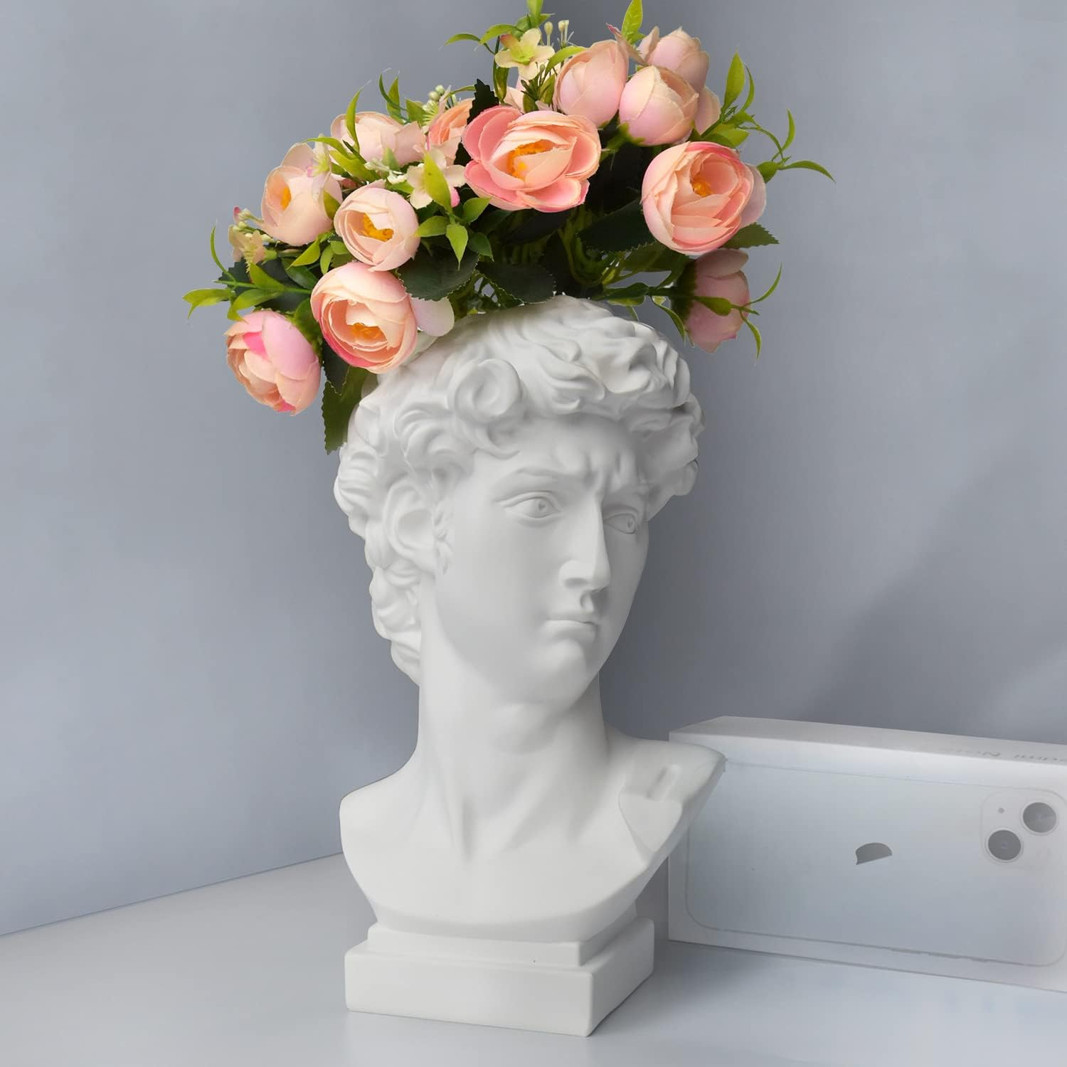 Hosrnovo Greek Statue, 9.8Inch Large David Head Vase Planter for Garden and Home, Roman Style Vintage White Flowers Bowl Creative Housewarming Gift image number 6