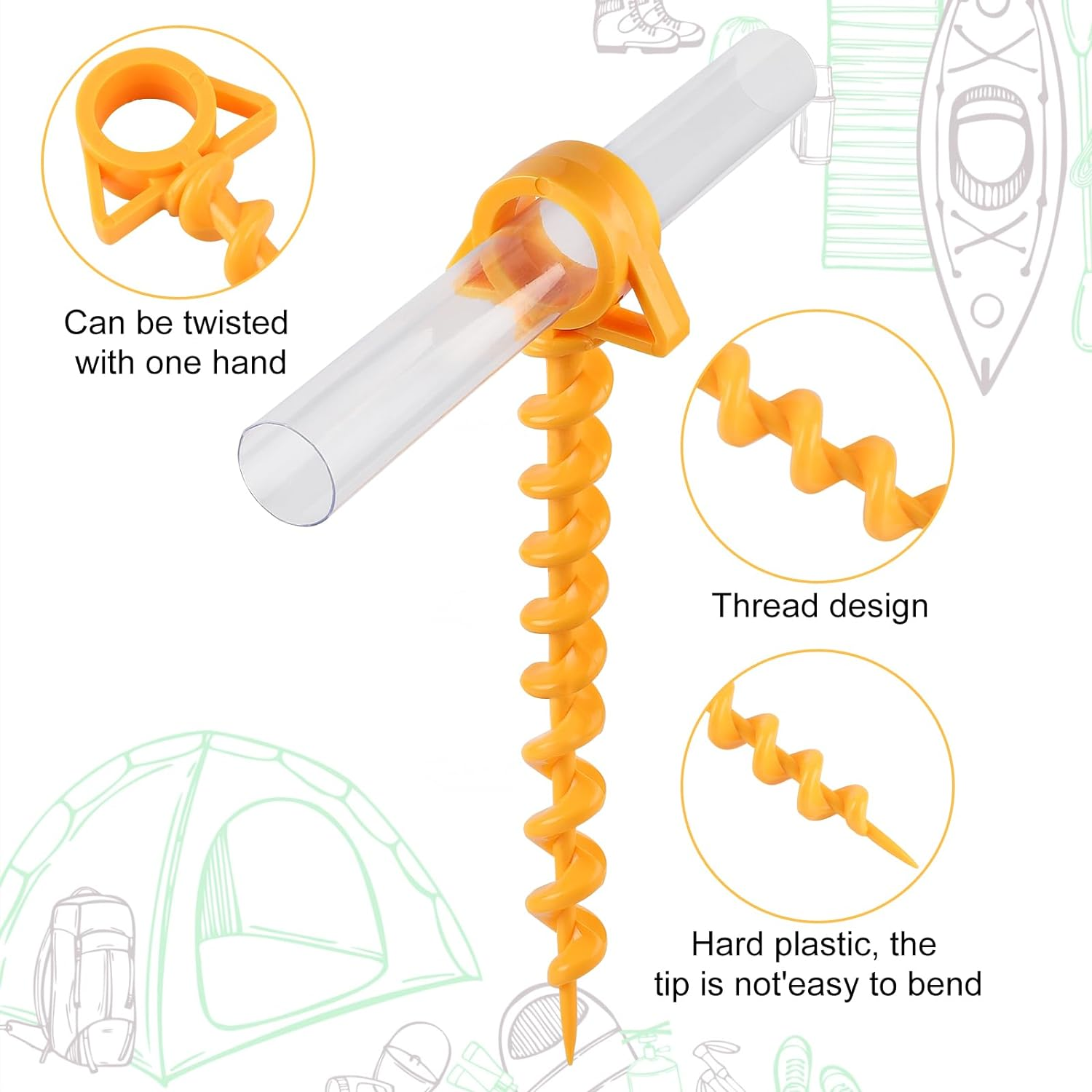 4 X Tent Pegs with Thread Screw Pegs Camping Sand Pegs Beach Plastic 29 Cm Beach Sand Anchor Tent Ground Anchor Trampoline with 4 Transparent Plastic Tubes, Yellow image number 3