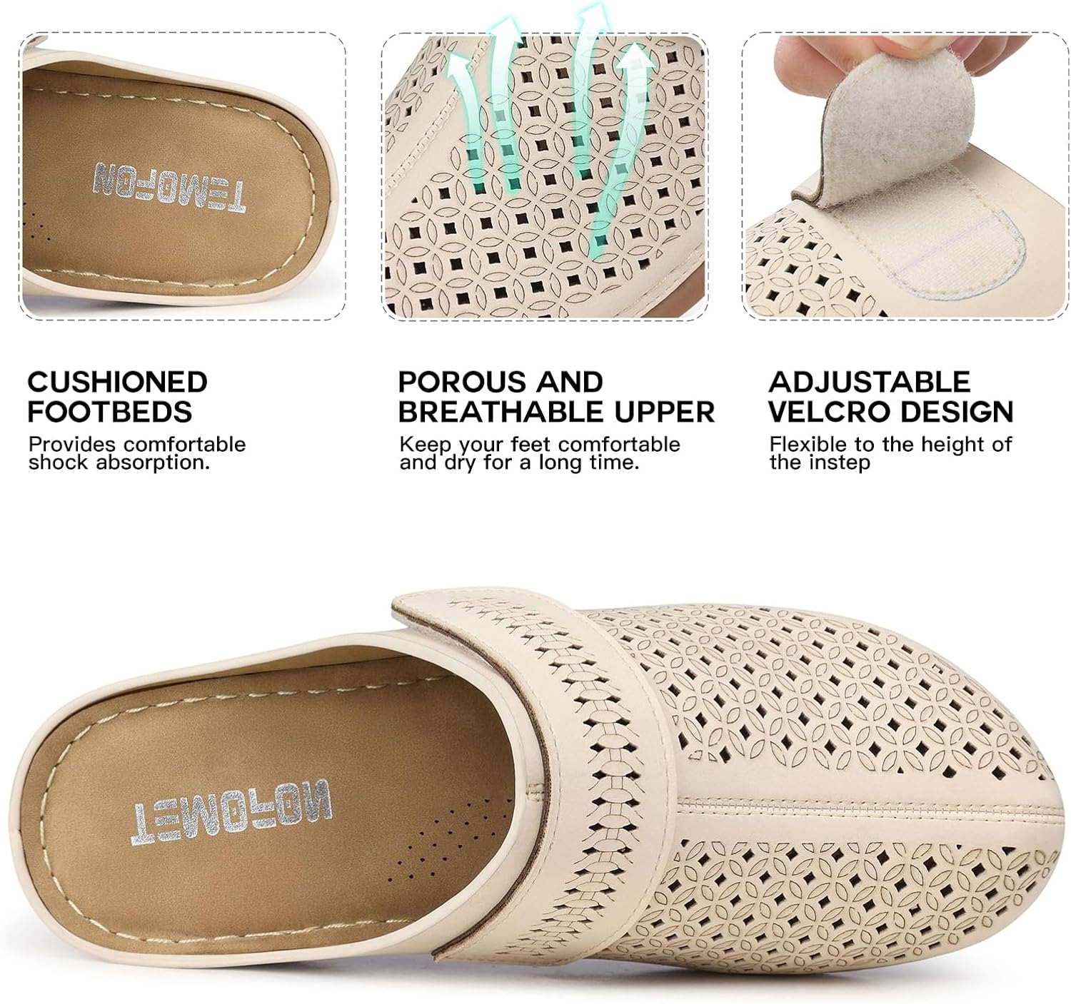 TEMOFON Mules for Women Slip on Sandals: Comfortable Clogs with Arch Support Leather Flats Closed Toe Sandals Shoes image number 2