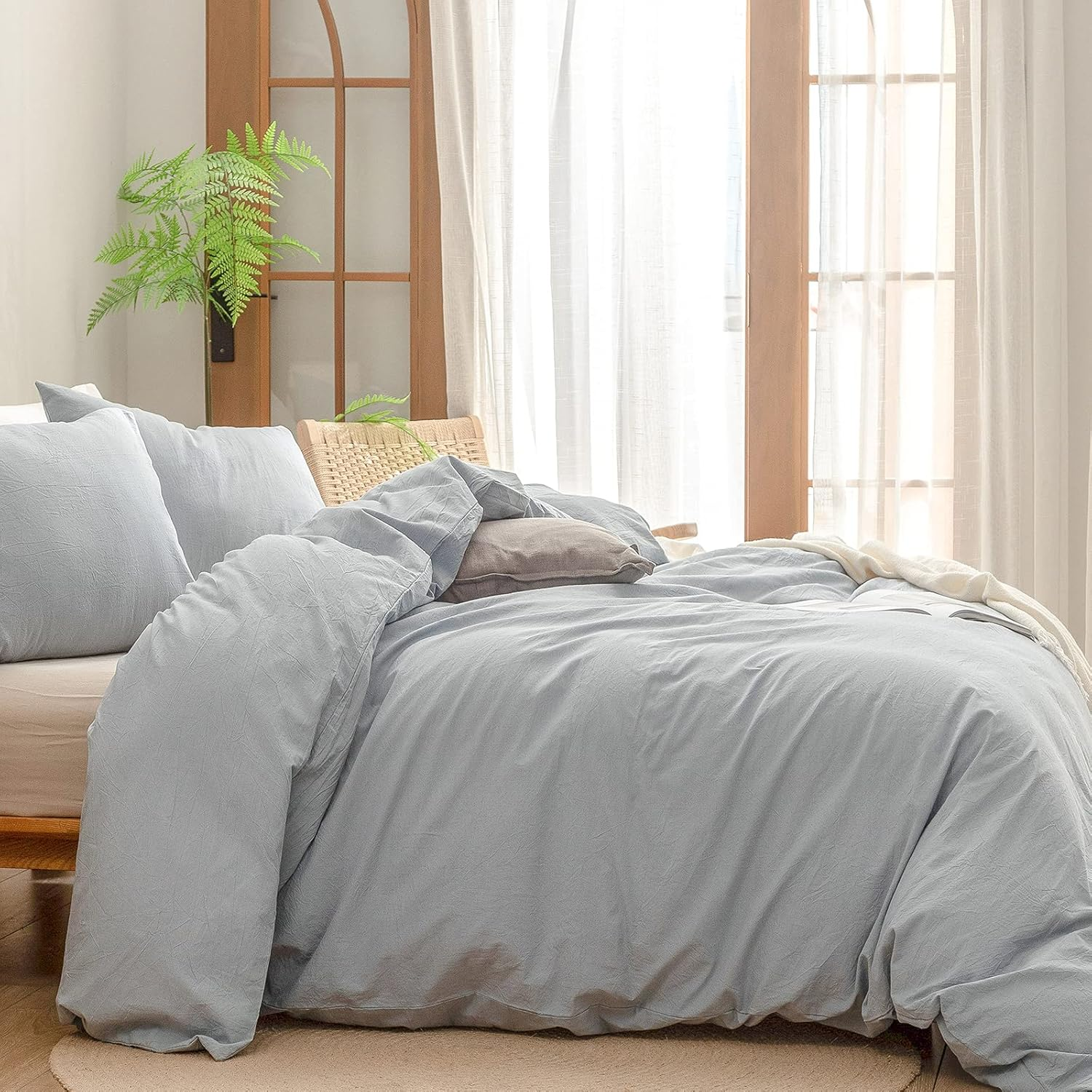 BESTOUCH Duvet Cover Set 100% Washed Cotton Linen Feel Super Soft Comfortable Chic Lightweight 3 Pcs Home Bedding Set Cornflower Blue Queen image number 6