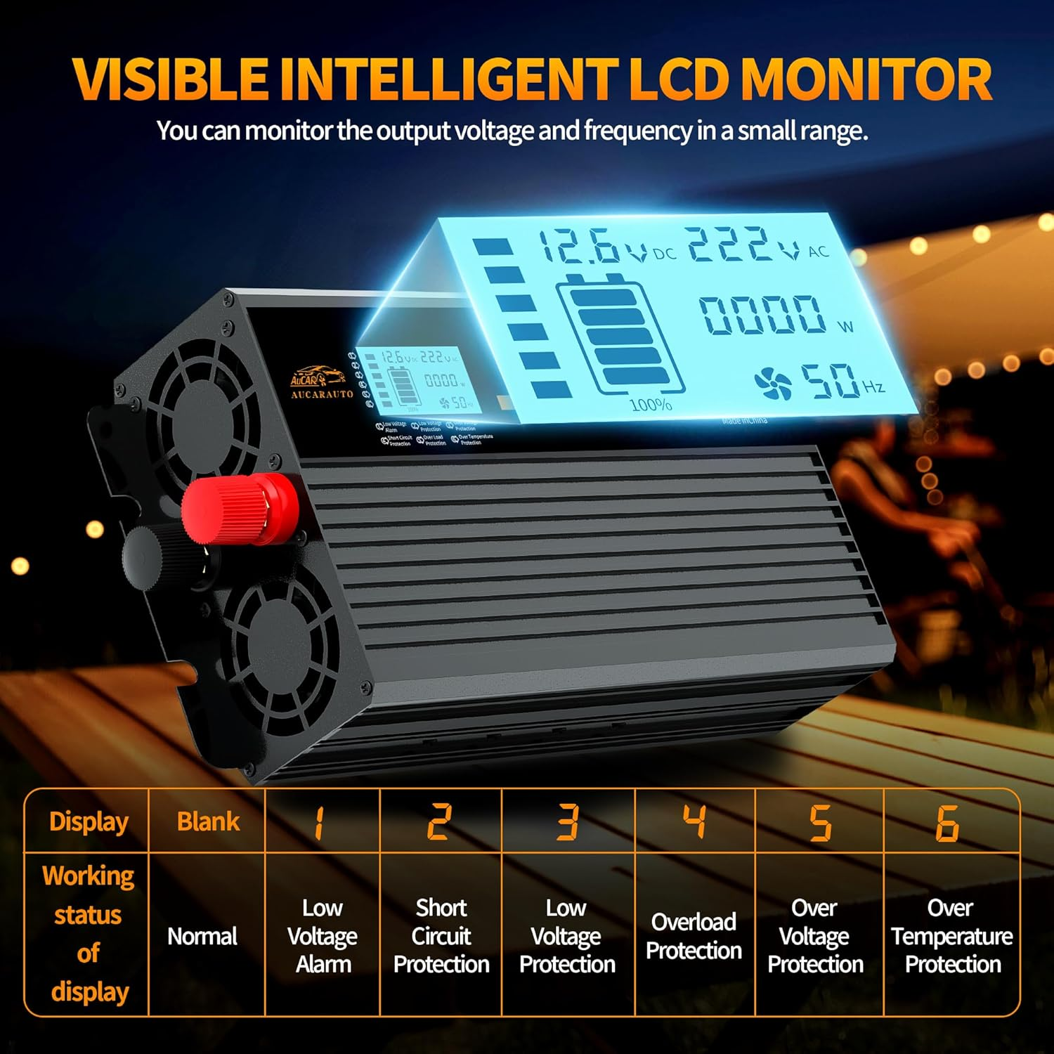 1000W Pure Sine Wave Power Inverter 12V DC to 230V/240V AC Car Converter Power Inverter with LCD Display 2 AC Outlets And1 USB Port, for Caravan, Truck, Cabin, Camping, Boat image number 5