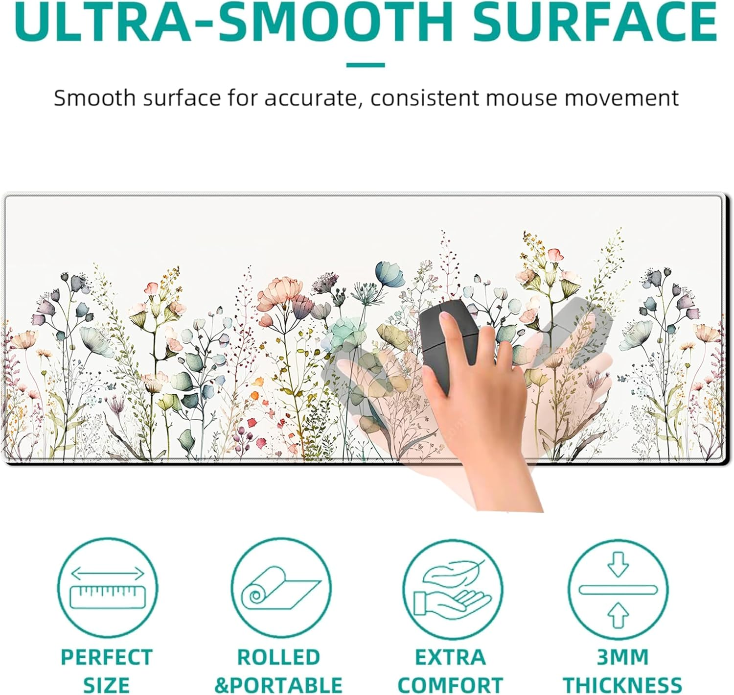 Flower Mouse Pad Large Desk Mat, 31.5X11.8 Inch Mousepad Extended Non-Slip Rubber Base Keyboard Mat with Stitched Edges for Desk Home Office image number 3