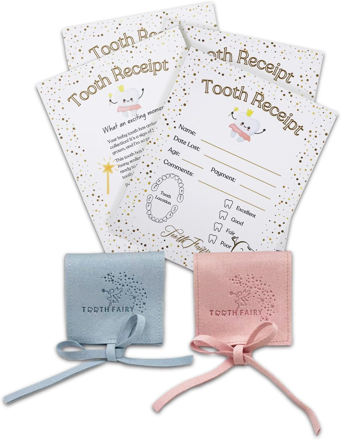 22 Pack Tooth Fairy Receipts with 2 Tooth Pouches (Pink and Blue Each), Tooth Fairy Kit for Kids, Tooth Keepsake Gifts for Boys and Girls, Lost Tooth Gift