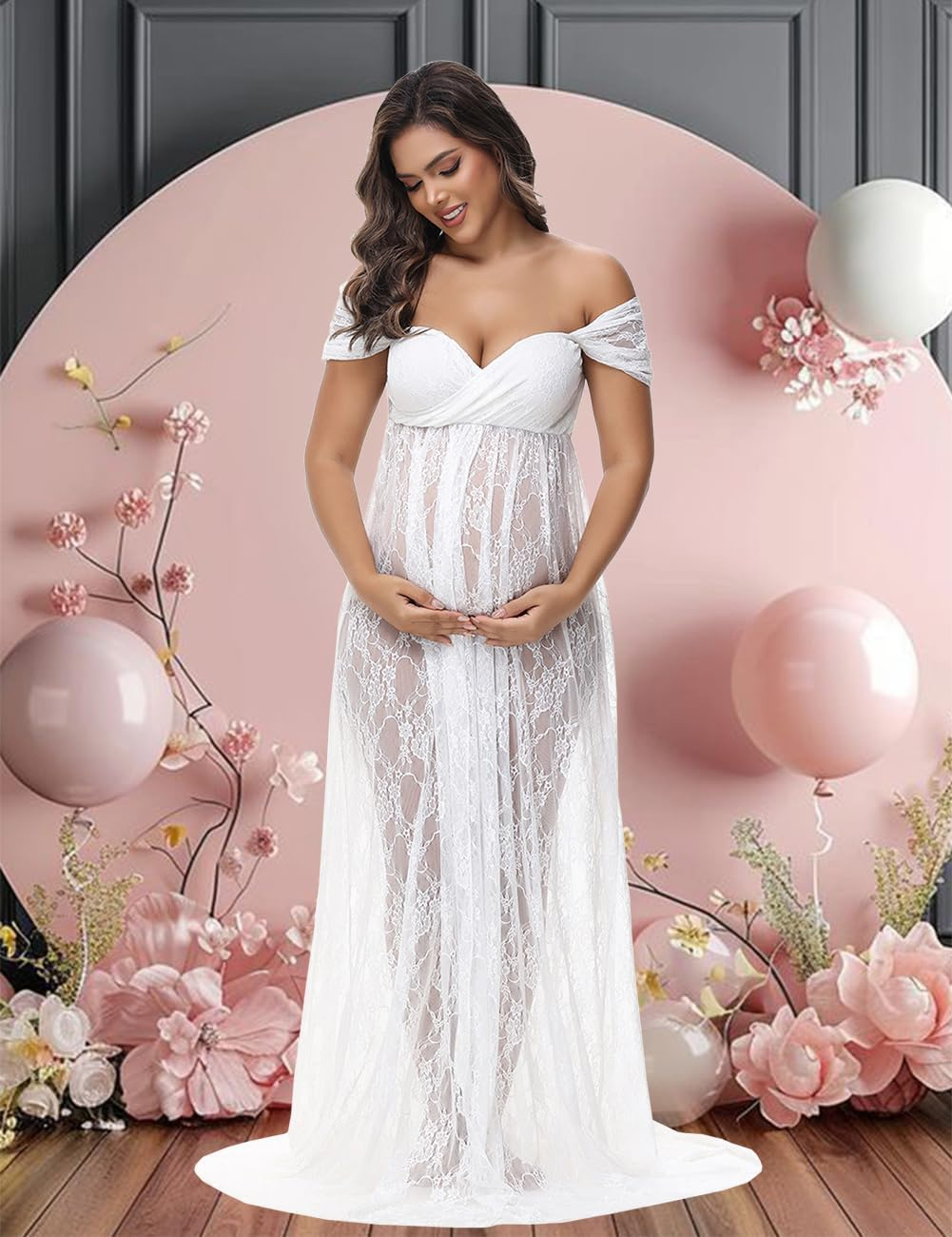 Justvh Maternity Dress for Photoshoot Chiffon off Shoulder Split Maxi Photography Gown with Flowy Long Train image number 3