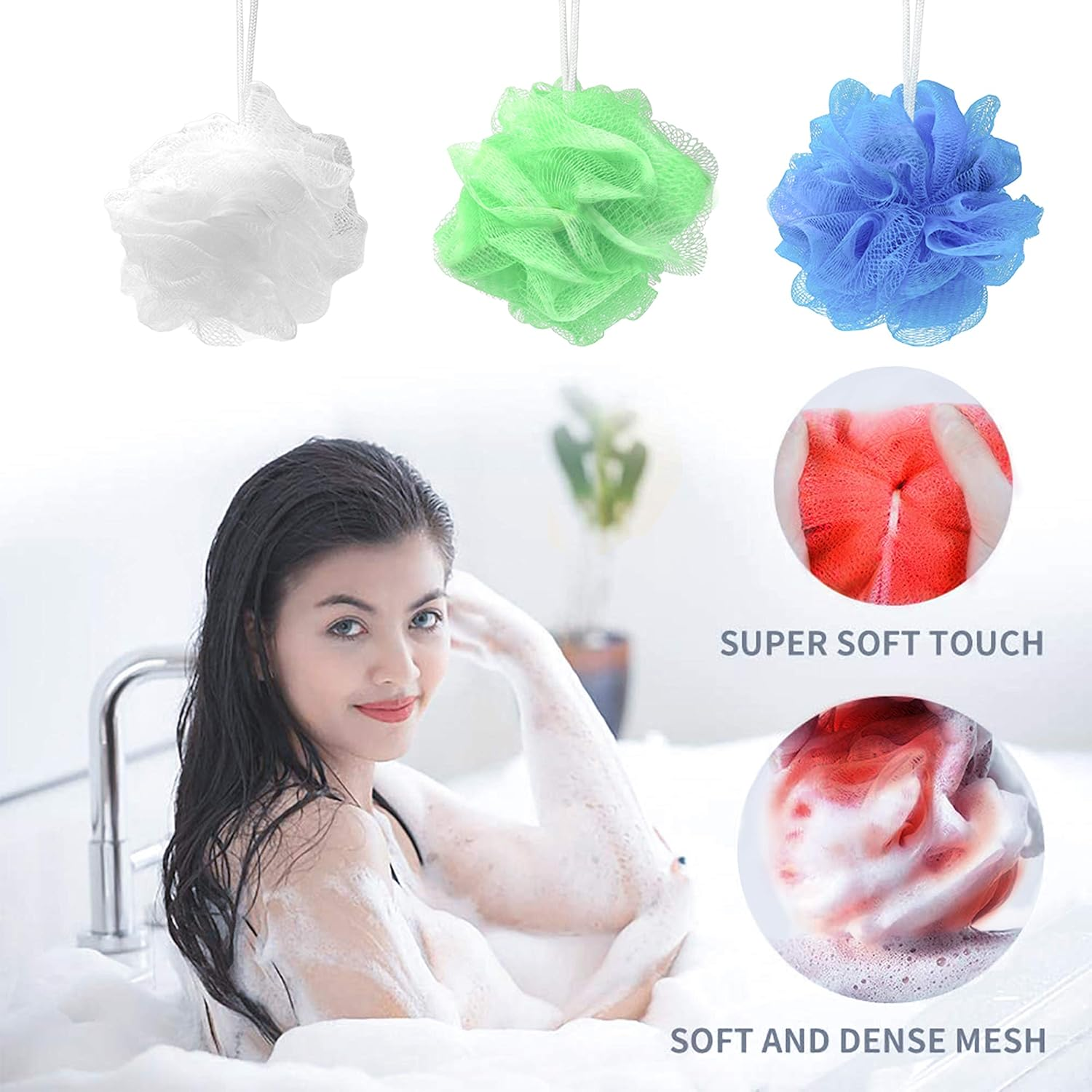 Star NEVER UNRAVEL Bath Sponge 6 Counts | 60G Heavy Mesh Pouf with Suction Cup | Big Shower Sponge and Loofahs | Long Lasting Bathing Exfoliator and Body Scrubbers (60G X 6 Pieces, 6 Colors)