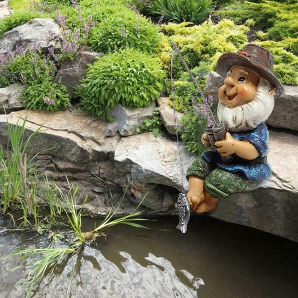 Garden Ornament Outdoor - Fishing Gnome Statue Resin Figurine Dwarf Sculpture for Pond Lawn Yard Decorations image number 5