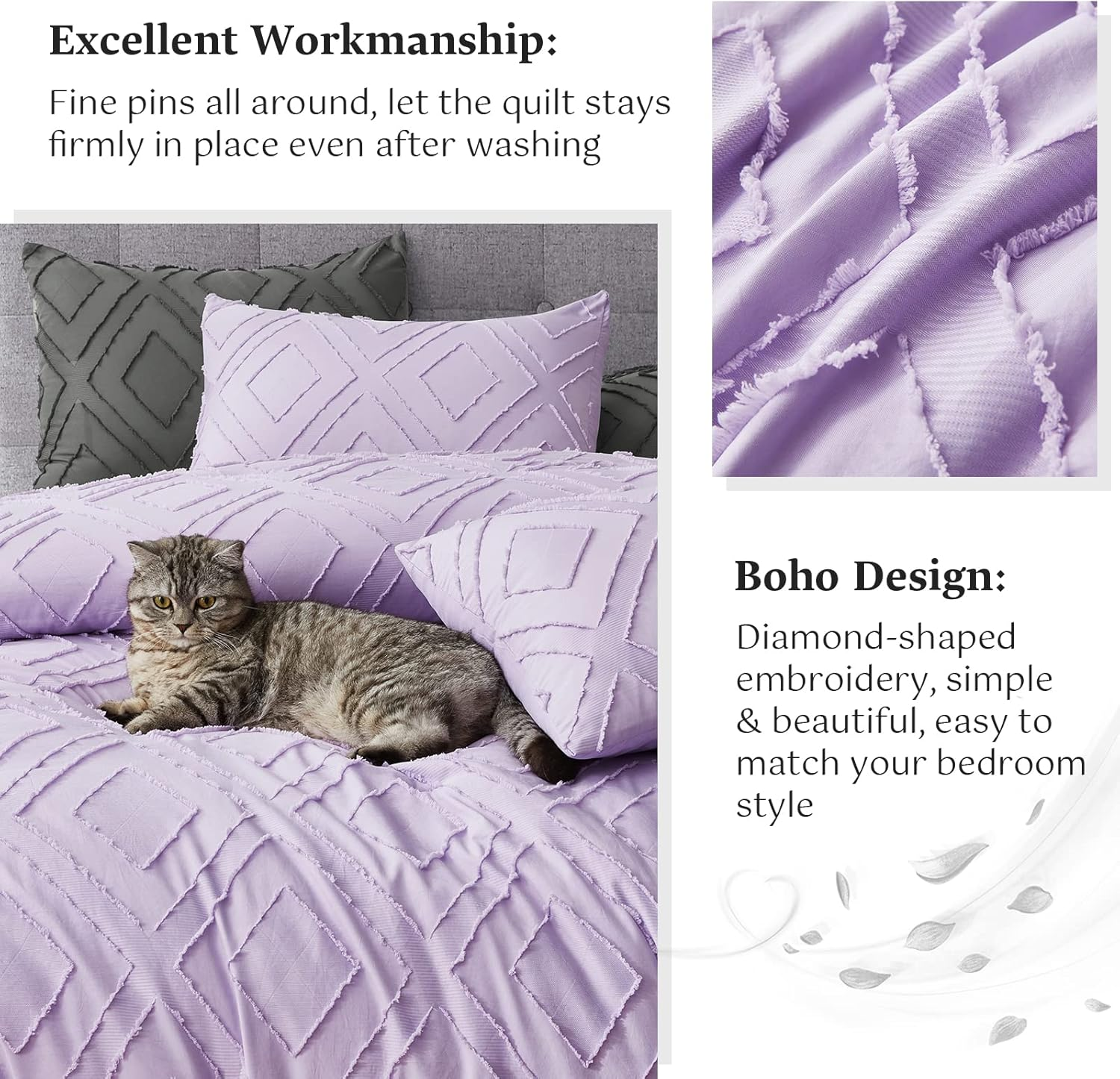 Boho King Comforter Set,Purple Rhombus Tufted King Size Comforter Set with Corner Loops,3 Pieces Embroidery Shabby Chic Bedding Comforter Sets for All Seasons(Purple,King) image number 4