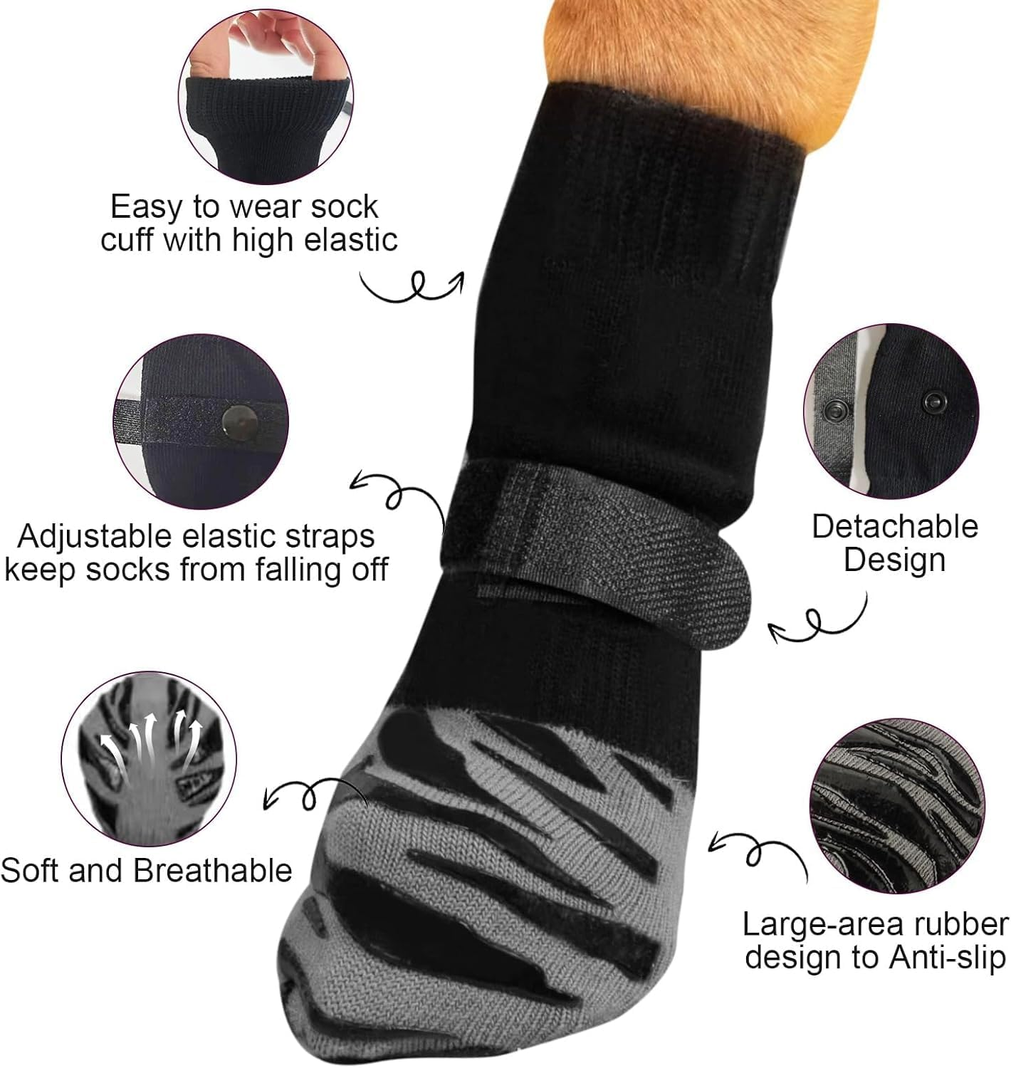 Anti Slip Dog Grip Sock with Adjustable Strap, 4Pcs Anti-Slip Dog Socks,Anti-Slip Dog Sock Dog Paw Protector Grip Sock,Non Slip Dog Sock anti Slip Paw Protectors Dog Sock,Anti Slip Dog Sock,M Size - Black, M Size image number 2