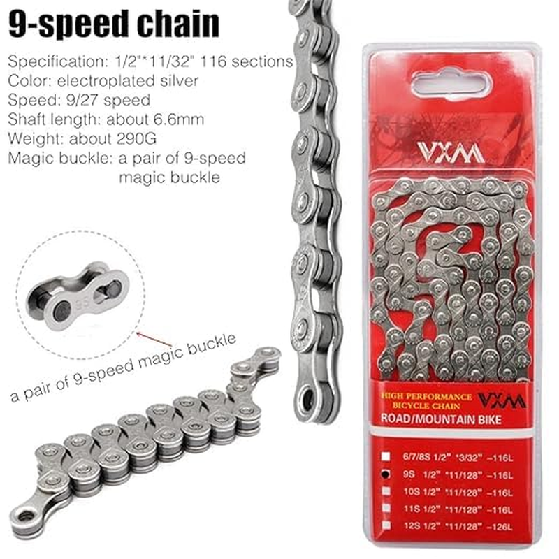 9 Speed Bike Chain 1/2&rdquo; X 11/128&rdquo; 116 Links Electroplated Rust Proof Mountain Bike Chain Carbon Steel Road Bike Shifting Chain Lightweight Cycling Chain with Power Lock Chain Connector
