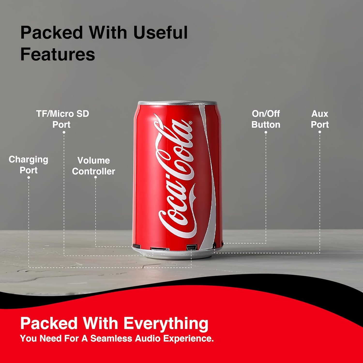 Coca-Cola Can Shape Bluetooth Speaker, Portable Wireless Speaker with Bluetooth 5.0, AUX, USB Slot & TF Slot | Loud Bass Sound | Compact Design for Indoor & Outdoor Use & Travel image number 5