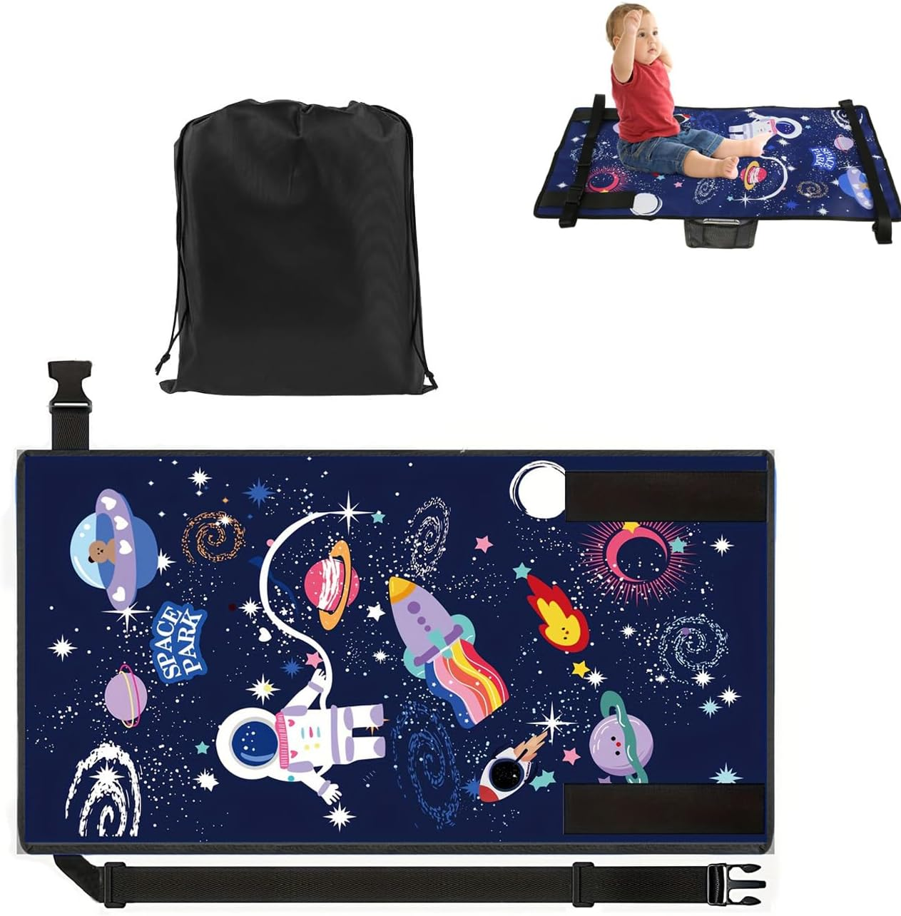 Yharnamite Airplane Seat Extender for Kids, Travel Bed for Kids, Airplane Seat Extender Portable with Side Pocket(Blue) image number 4