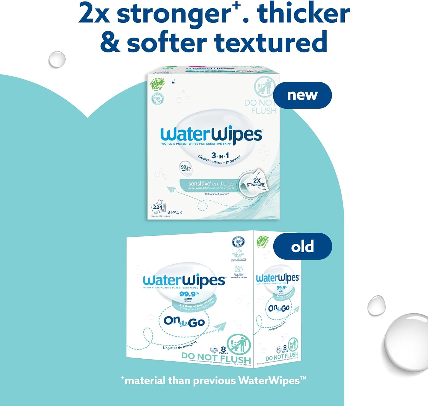 Waterwipes on the Go Wipes, 99.9% Water-Based Wipes for Travel, Sports, and to Refresh Skin, Unscented & Hypoallergenic, 224 Count (8 Packs) image number 3