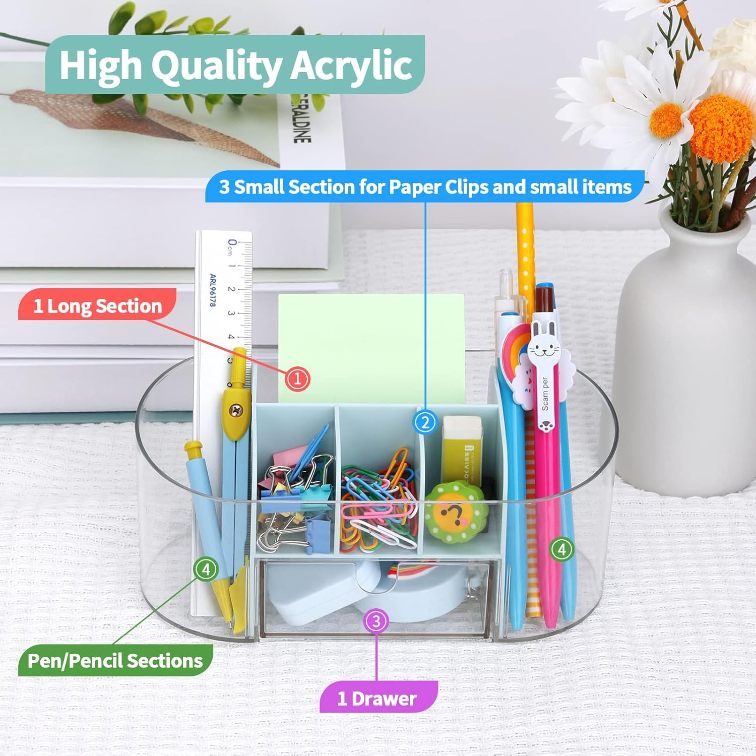 LETURE Clear Desk Organizer with Drawer, Acrylic Pen Pencil Markers Holder, Clear Office Supplies and Accessories,Desktop Organizer for Room College Dorm Home School (Blue) - Blue image number 6