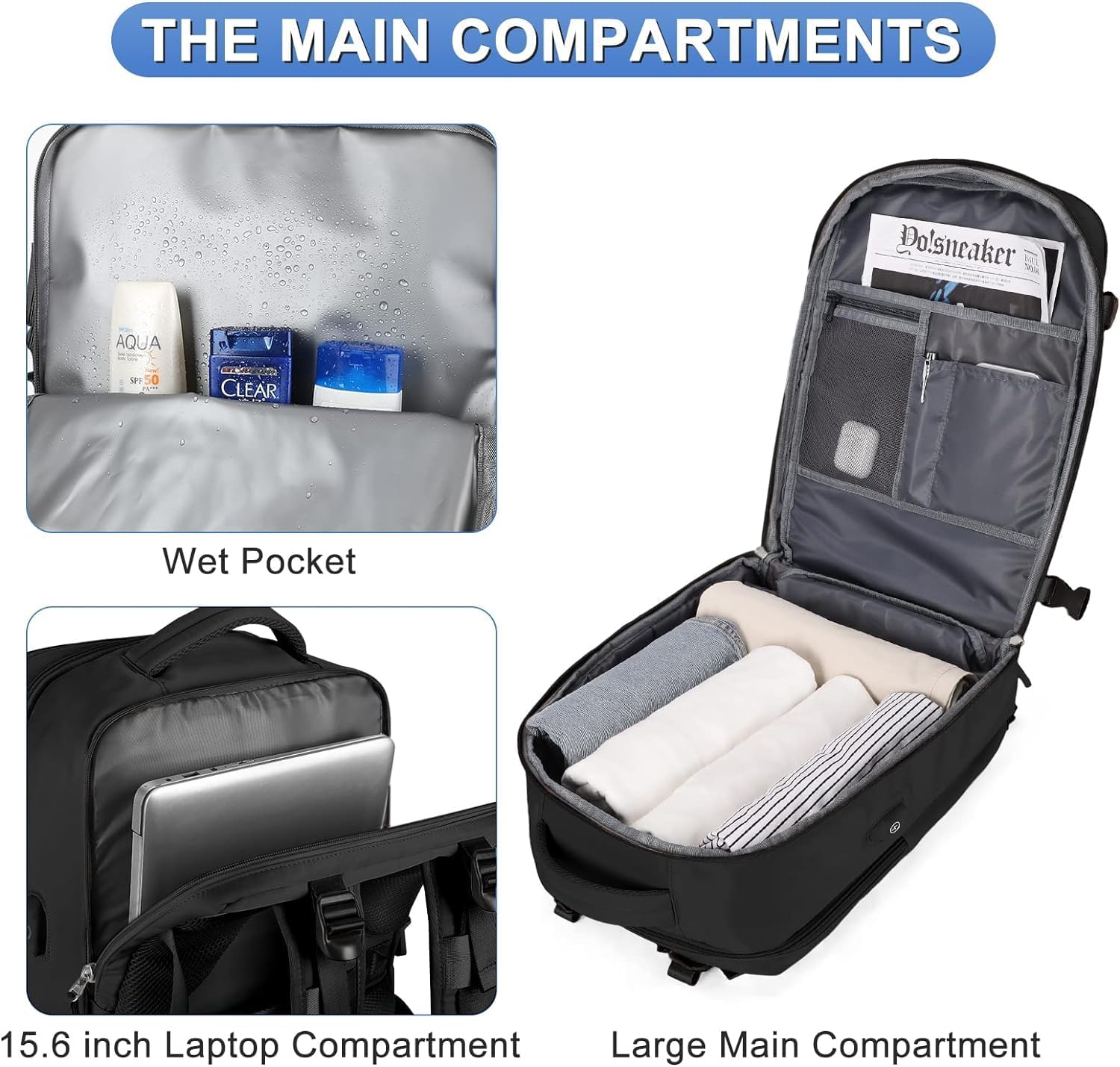 Large Travel Backpack,Carry on Backpack Flight Approved,Hiking Backpack Waterproof Outdoor Sports Rucksack Casual Daypack Fit 15.6 Inch Laptop Shoes Compartment (Black)