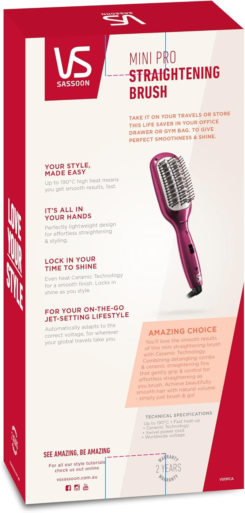 VS Sassoon Minipro Straightening Brush &ndash; Compact Heated Brush for Smooth Hair with Natural Volume, Ceramic Technology for Shine, Lightweight Design, Multi Voltage for Global Travel image number 3