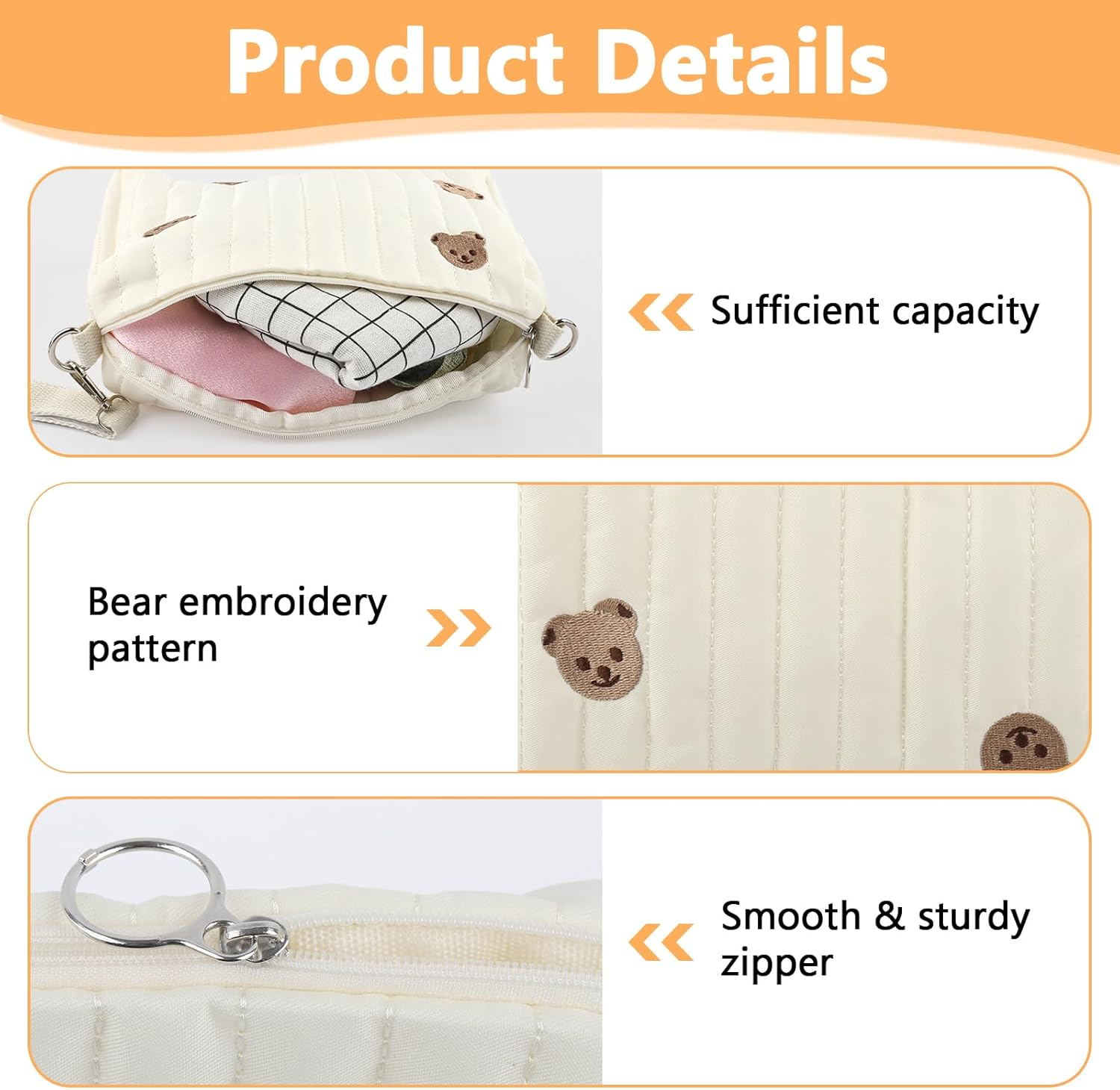 Portable Diaper Bag, Embroidery Bear Baby Changing Bags, Cotton Nappy Bag Organiser, Mum Bag with Pram Hook, for Mum Baby Travel, White, Black, Black image number 5