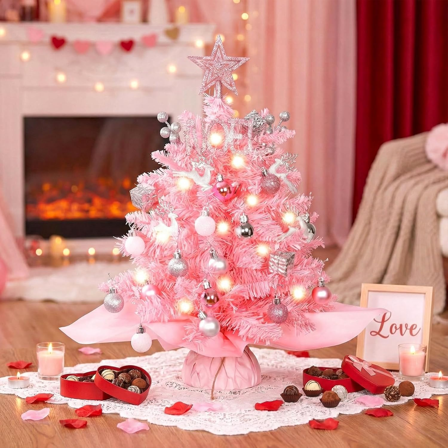 20" Mini Pink Christmas Tree, Artificial Small Table Top Christmas Tree with Warm Lights, Star Treetop and Ornaments, Tabletop Christmas Tree for DIY Pink Christmas Decoration Gifts - Pink image number 4