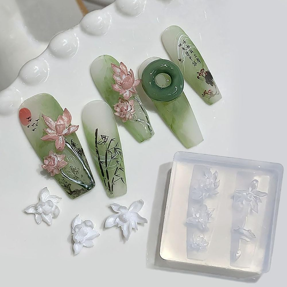 3D Lotus Flower Nail Design Silicone Mould Epoxy Resin Shapes Lotus Flower Carving Nail Stamp Silicone Mould Flowers Floral Lotus Leaf Nail Decoration Nail Design Nail Art Mould Silicone Moulds Nail image number 2