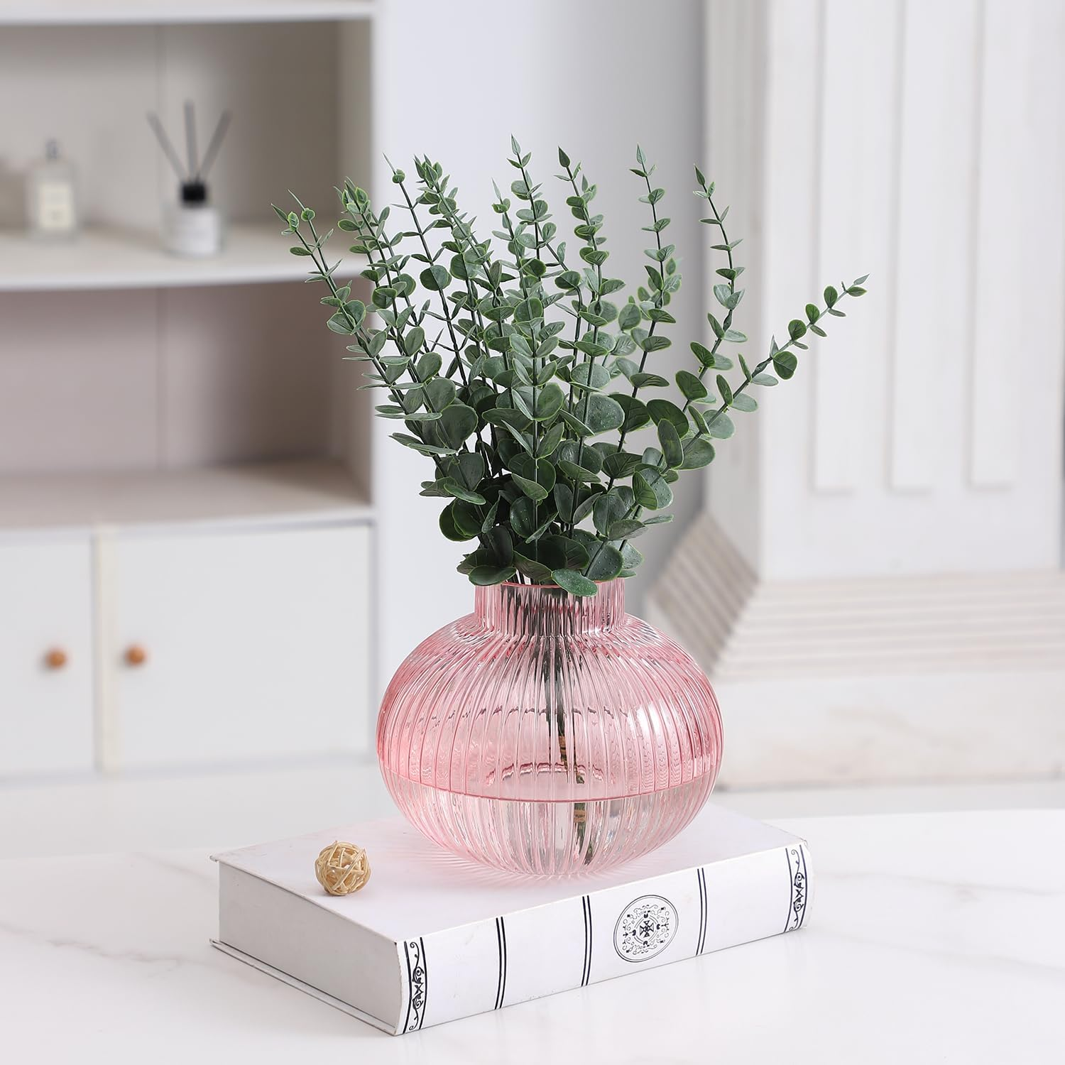 Pink Glass Vase for Flowers, Ribbed Glass Vase, round Flower Vases for Tulips, Short Vases for Living Room, Office, Coffee Table, Shelf, Wedding, 6 Inches image number 4