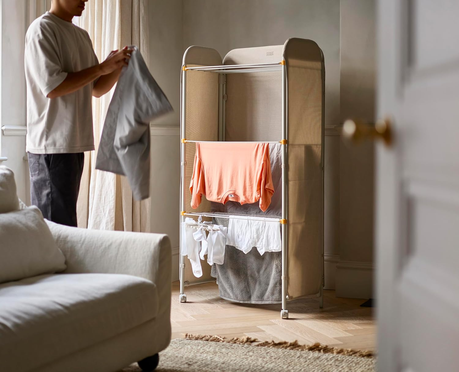 Joseph Joseph Eclipse 3-Tier Adjustable Indoor Drying Rack Clothes Airer with Integrated Fabric Cover, Heavy Duty Construction, Wheels for Easy Moving, Folds Flat for Storage, 14Kg/14M Drying Capacity image number 1