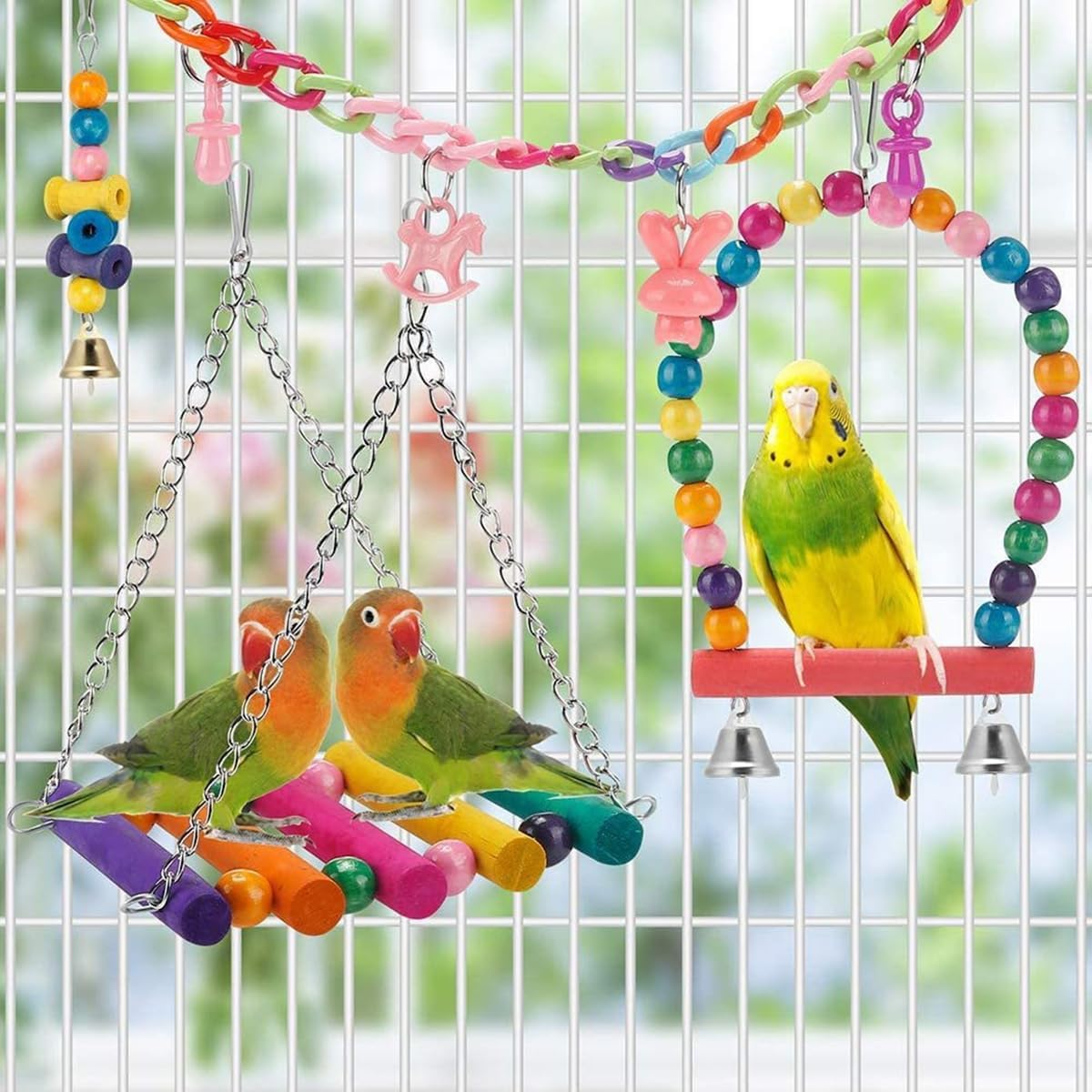 11Pcs Colorful Parrot Toy Set Birdcage Accessories, Stair Swing Rings Plastic Puzzle Ball Toys Suitable for Birds and Parrots to Play