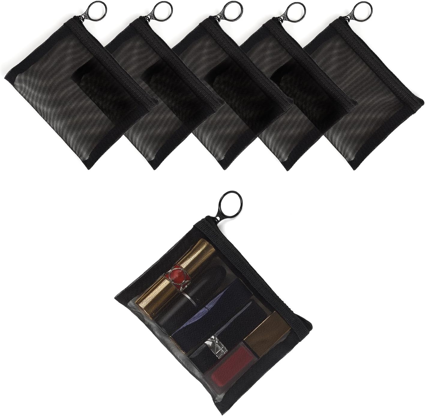 Patu Mini Zipper Mesh Bags, 4" X 5", Size S / A7, 5 Pieces, Beauty Makeup Lipstick Cosmetic Accessories Organizer, Small Travel Kit Storage Pouch, Black image number 6