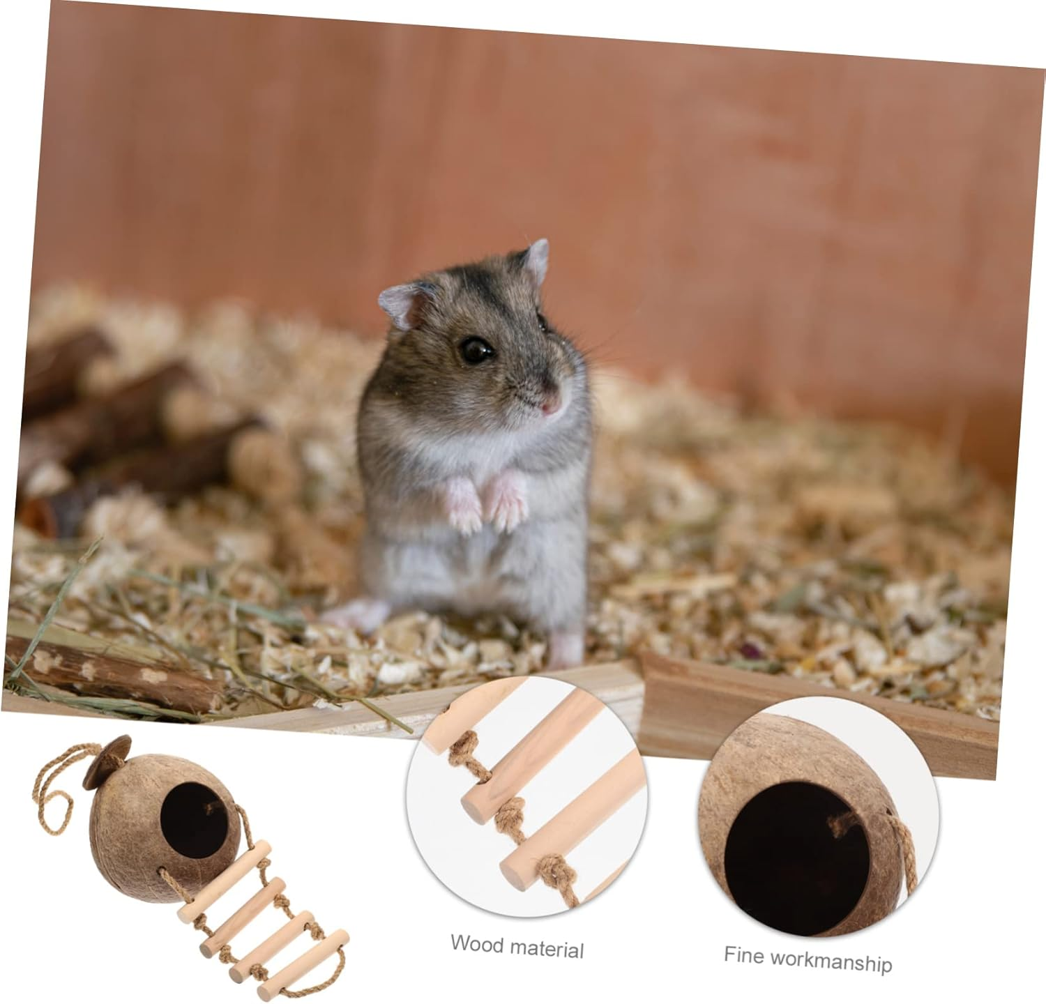 DOITOOL Wood Pet Hideout with Ladder Design, Coconut Shell Hanging Nest Toy for Hamsters and Small Animals, Bite-Resistant Climbing Habitat D&eacute;cor for Cage Playground image number 1