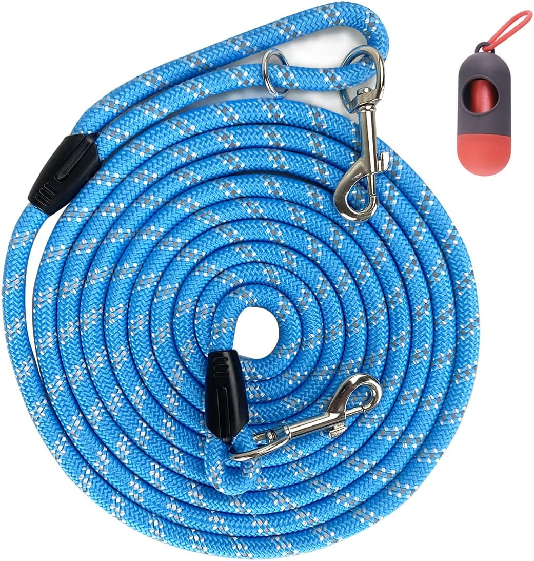 Codepetslong Rope Dog Leash for Dog Training 12FT 20FT 30FT 50FT, Reflective Threads Dog Cat Leashes Tie-Out Check Cord Recall Training Agility Lead for Large Medium Small Dogs (Blue, 10Mm*12Ft)