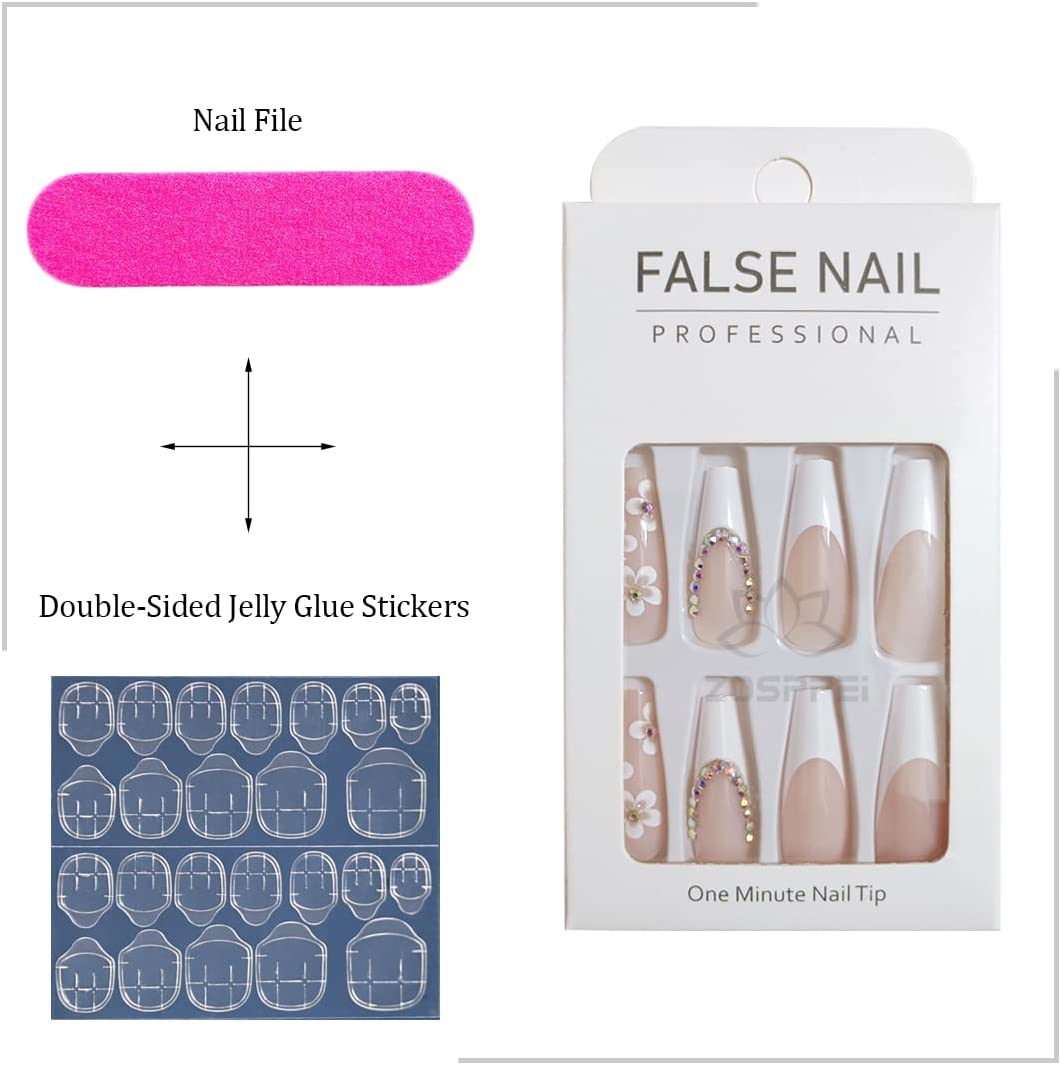 French White Press on Nails - 24 PCS Flower Fake Nails Long Coffin False Nails with Rhinestones Designs Stick on Nails for Women Girls Party Salon