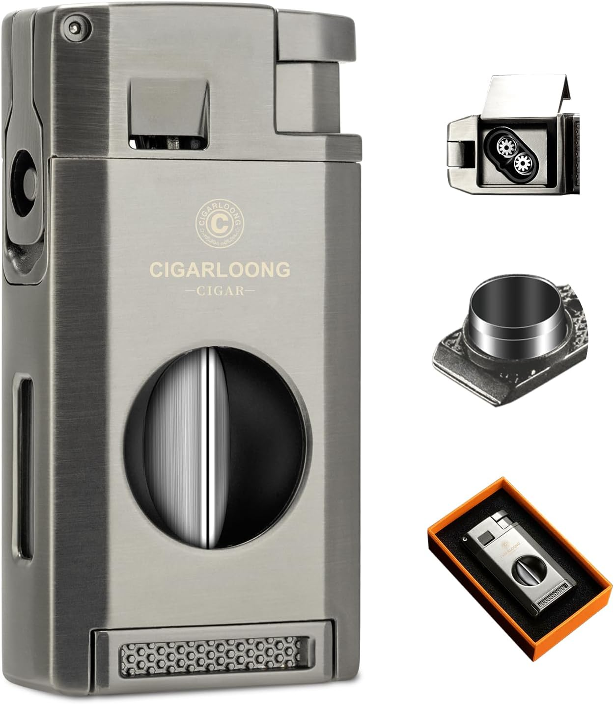 Cigar Lighter with Twin Jet Flame, Storm Lighter, Refillable Gas, Lighter with Cigar Punch and Cigar Holder & V Cut Cigar Cutter, Gift Box, without Gas(Black)