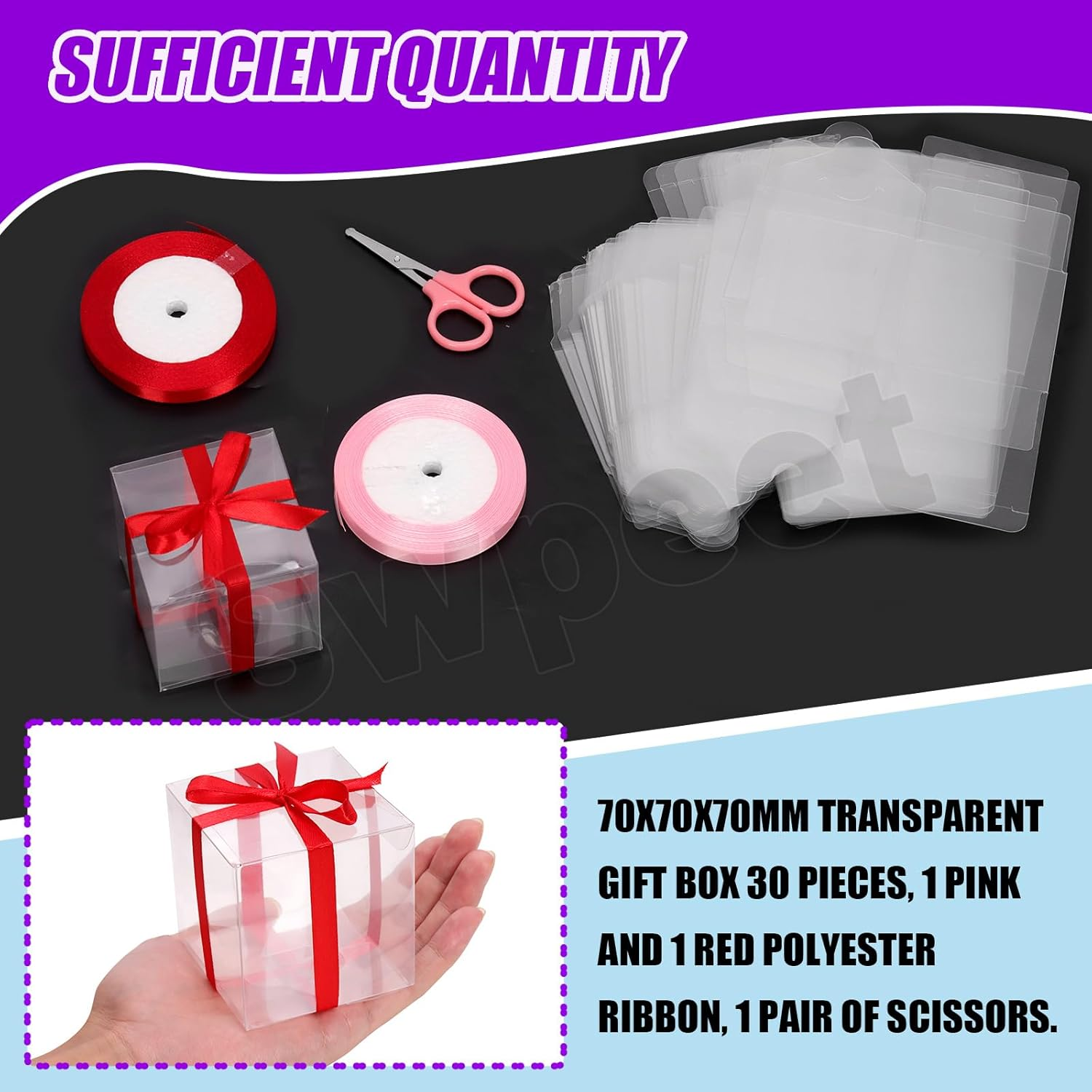 Swpeet 33Pcs 2.76" &times; 2.76" &times; 2.76" Plastic Clear Favor Boxes with Ribbons and Scissors Kit, Small Gift Boxes Transparent Cube PET Boxes Treat Boxes for Wedding Birthday Baby Shower image number 5