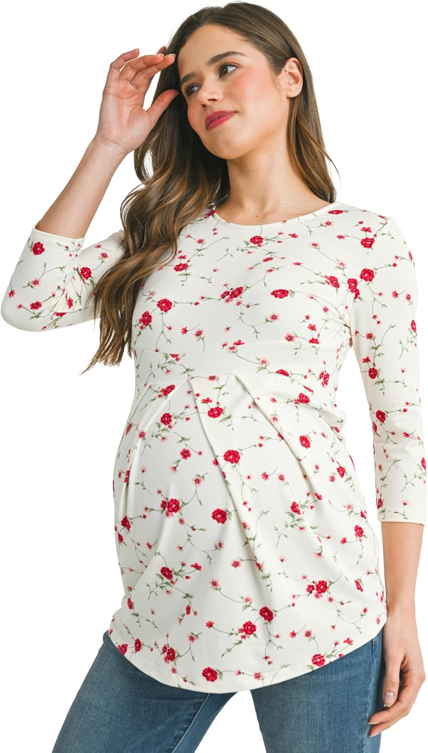 Laclef Women'S round Neck 3/4 Sleeve Front Pleat Peplum Maternity Top image number 3